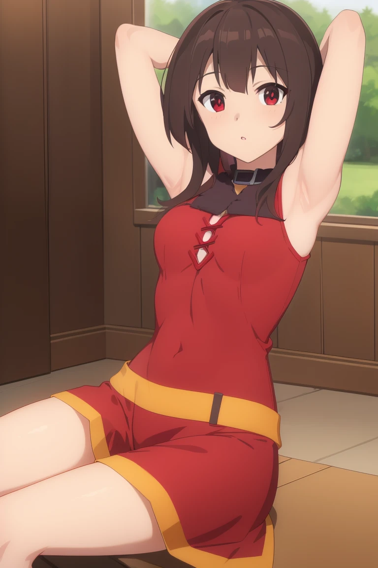 Megumin
((masterpiece,best quality,ultra detailed)), sitting, indoors, 4k
Sibitai.With preview,, sleeveless, armpits, arms up,  detailed, (masterpiece:1.6, best quality), (finely detailed beautiful eyes: 1.2)