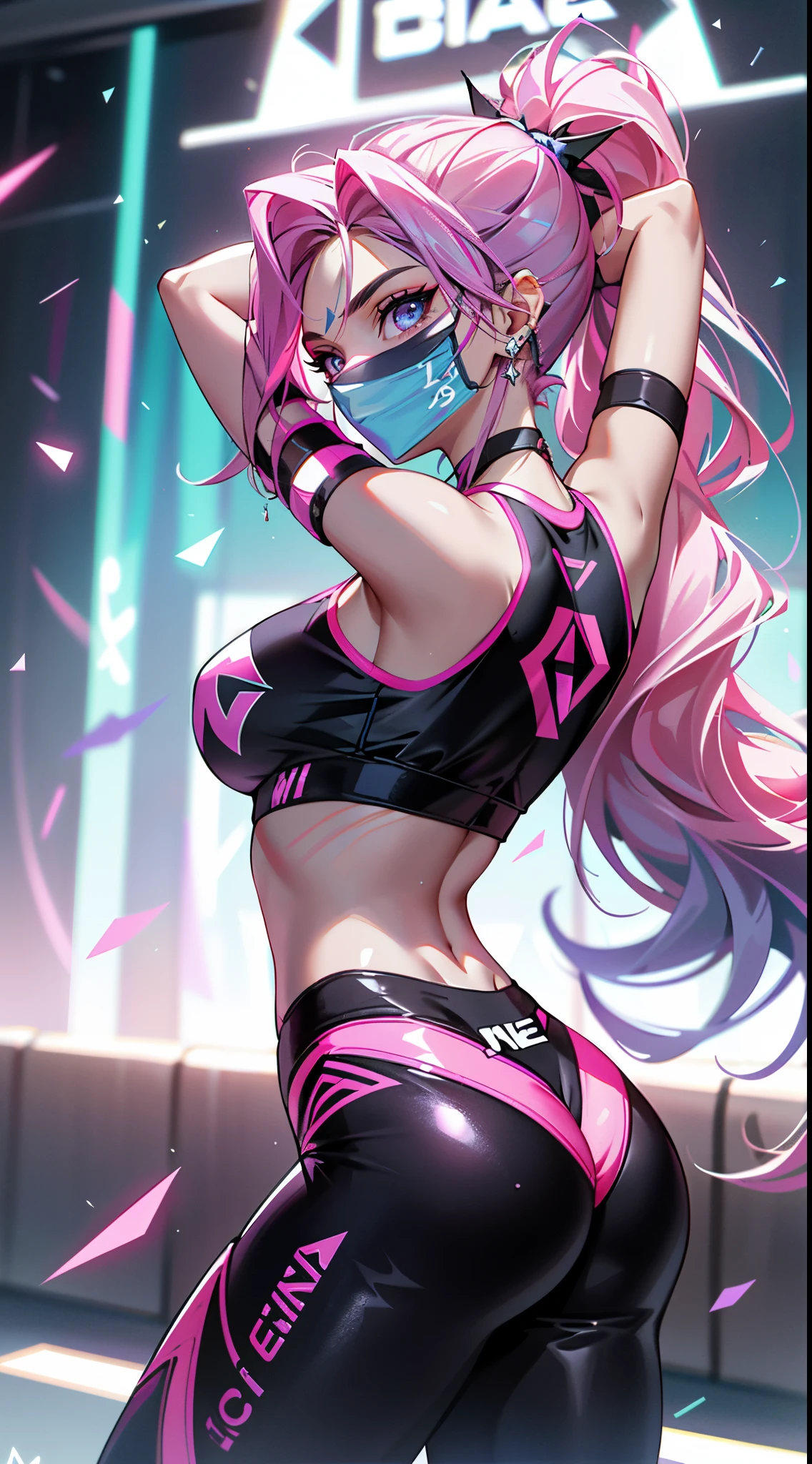 pink hair，Long hair single ponytail，purple eyes，female high school student，One-sided oblique bangs，
