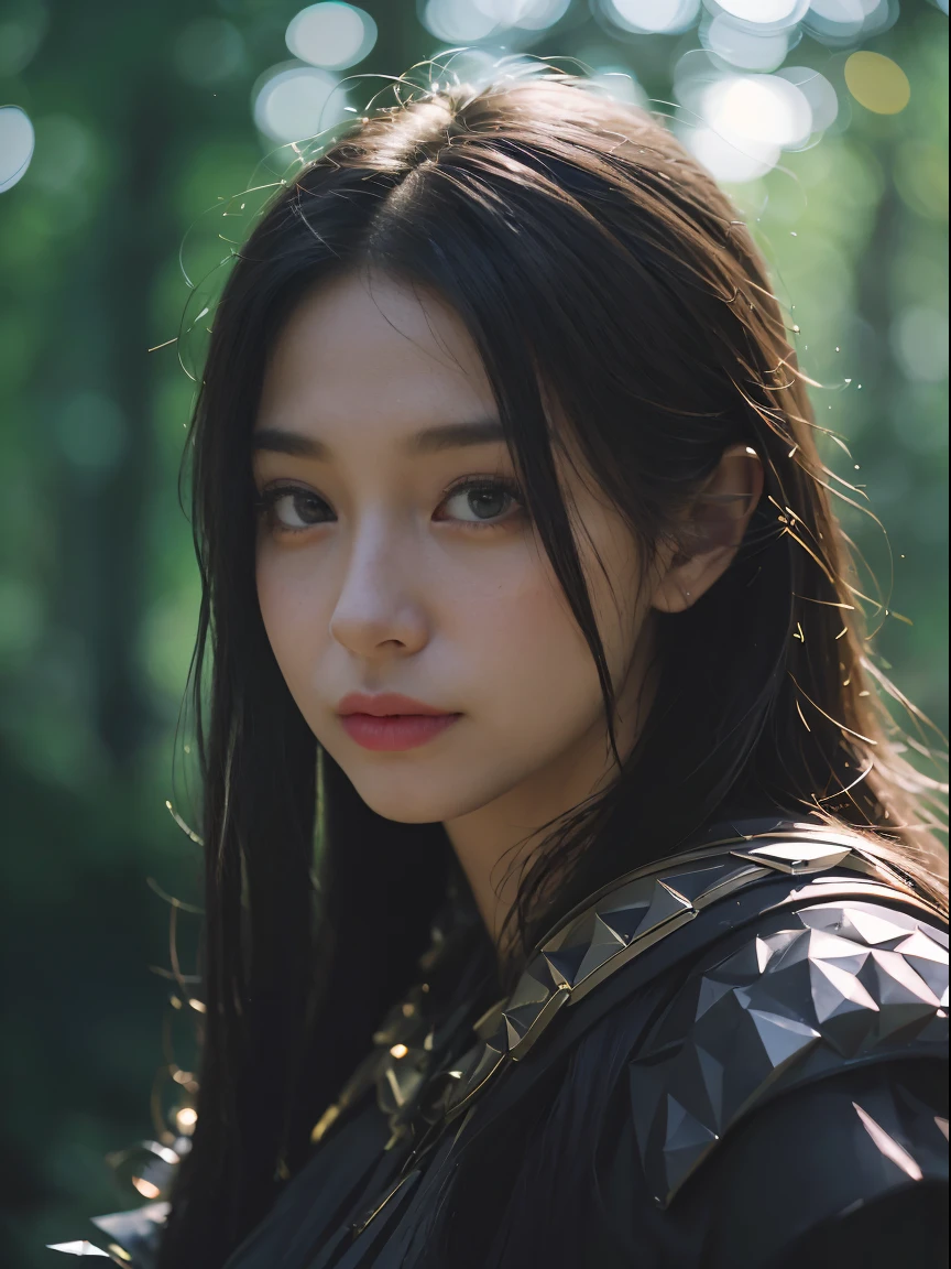 (film photo:1.3) af (Realistic:1.3) Portrait of a village of 25 years old European woman, Night, Dark fairy tale beautiful dense autumn forest, Dark background, 16k, Low angle, 24mm lens, (((Sharp focus:1.5))), (((Depth of sharpness:1.5))), (Photorealistic:1.5), (Skin texture:1), Cinematic, ultra - detailed,Highly detailed