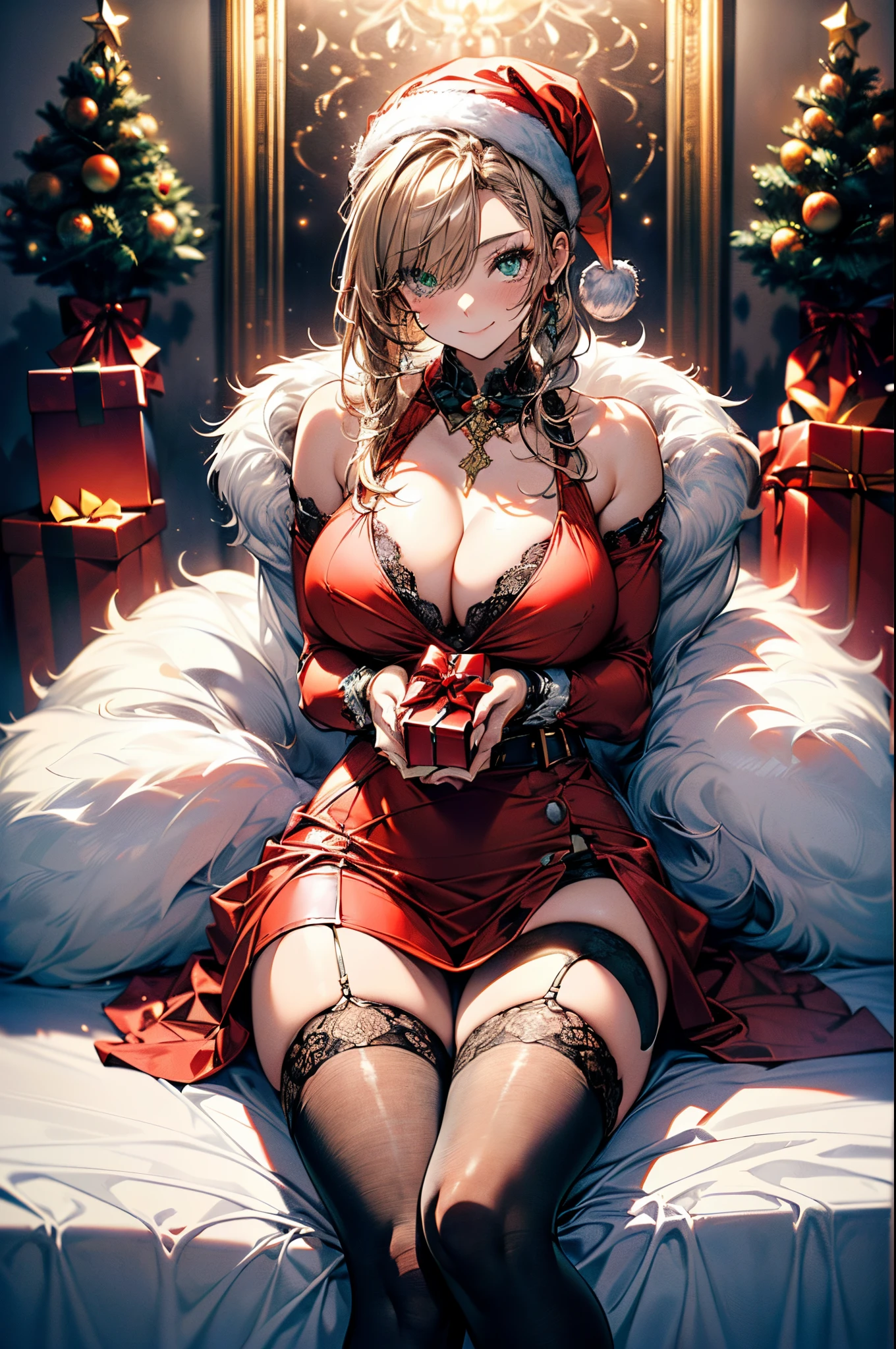 (Conceptual image board:1.3), ((matured girl wearing Sexy Santa clause costume with far:1.3, red dress with green, holding a present box in both hands:1.2, close to viewers:1.2)), a matured woman with long black hair and a red outfit, red winter coat with bore, scarfs, green ribbon tie, knee length long boots, red and green winter outfits, holding present box with wrapping by ribbon:1.5, Christmas tree decorated with many ornaments:1.2, white bags on a sled, wearing red pencil skirt, Arabic, bodyesbian, fine details, beautiful anime illustration, 28 years old, (milf:1.3), (solo:1.5), (sfw:1.25), (sagging breast, fuge breasts, big tits, thin waist, big ass:1.2), Raised sexy, (dark mahogany medium short hair, updo, hair over one eye, asymmetric hair, Carly hair, low tied braids), (musulman, white Headscarfs, hair bands, head vandage, Turban), (ultra high resolution, 8K RAW photo, photo realistics, thin outline:1.3, clear focus), best qualtiy, cinematic lighting, textile shading, blurry back ground, field of depth, bokeh, (Bright pupils, fine detailed beautiful eyes with highlight:1.3, super detailed eyes, high detailed face), Red lip, fine realistic skins:1.1, looking at viewers:1.3, (dynamic angle:1.3, full body:1.3, front view:1.1, tigh focus:1.3, from below:1.2), (dynamic posing:1.5, sexy posing:1.2, sitting with holding knees:1.3, leaning forward:1.2), (seductive, shy happy smile:1.4), centered image, (wearing red long coat with bore and clothes, ((bare breast:1.37)), gold ornaments, rolling red clothes around waist, dark red long leather boots:1.3, translucent white lace pantyhose), (((correct anatomy:1.5, perfect hands:1.5, ideal ratio body proportions:1.37))), (in a night:1.3), (indoors:1.2, in front of fireplace:1.3),