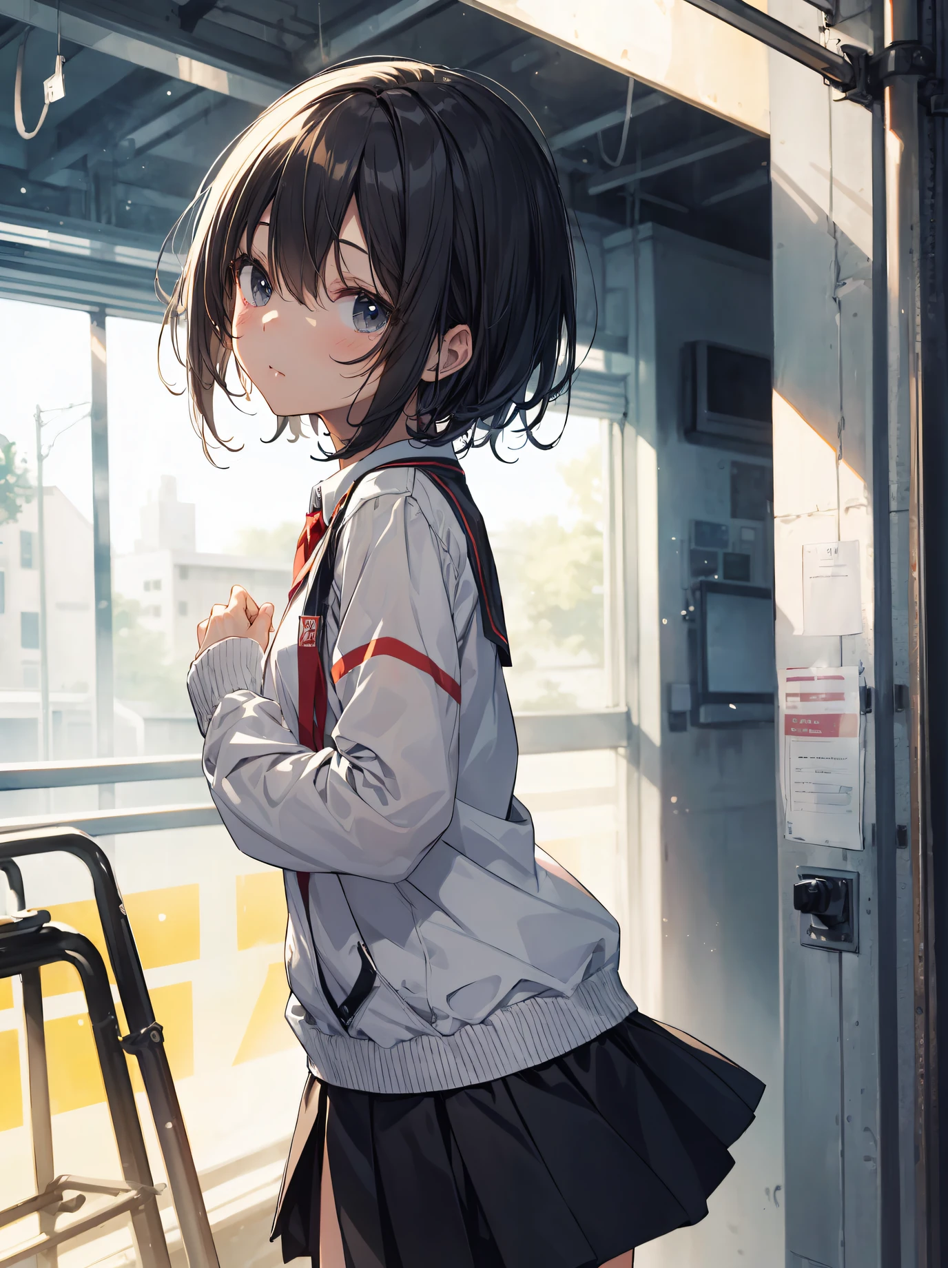 1 girl, alone, black hair,short hair,red eyes, looking at the viewer, blush,smile, , heart   1 girl, T-back, Megumin,  school uniform,Black sailor suit,White muffler,pink coat(The front is empty),Red cardigan,Black pleated skirt,Gray pantyhose,Schoolback,city,walking,Coming to school,(masterpiece:1.2), highest quality, High resolution, unity 8k wallpaper, (figure:0.8), (beautiful and fine eyes:1.6), highly detailed face, perfect lighting, Very detailed CG, (perfect hands, perfect anatomy),