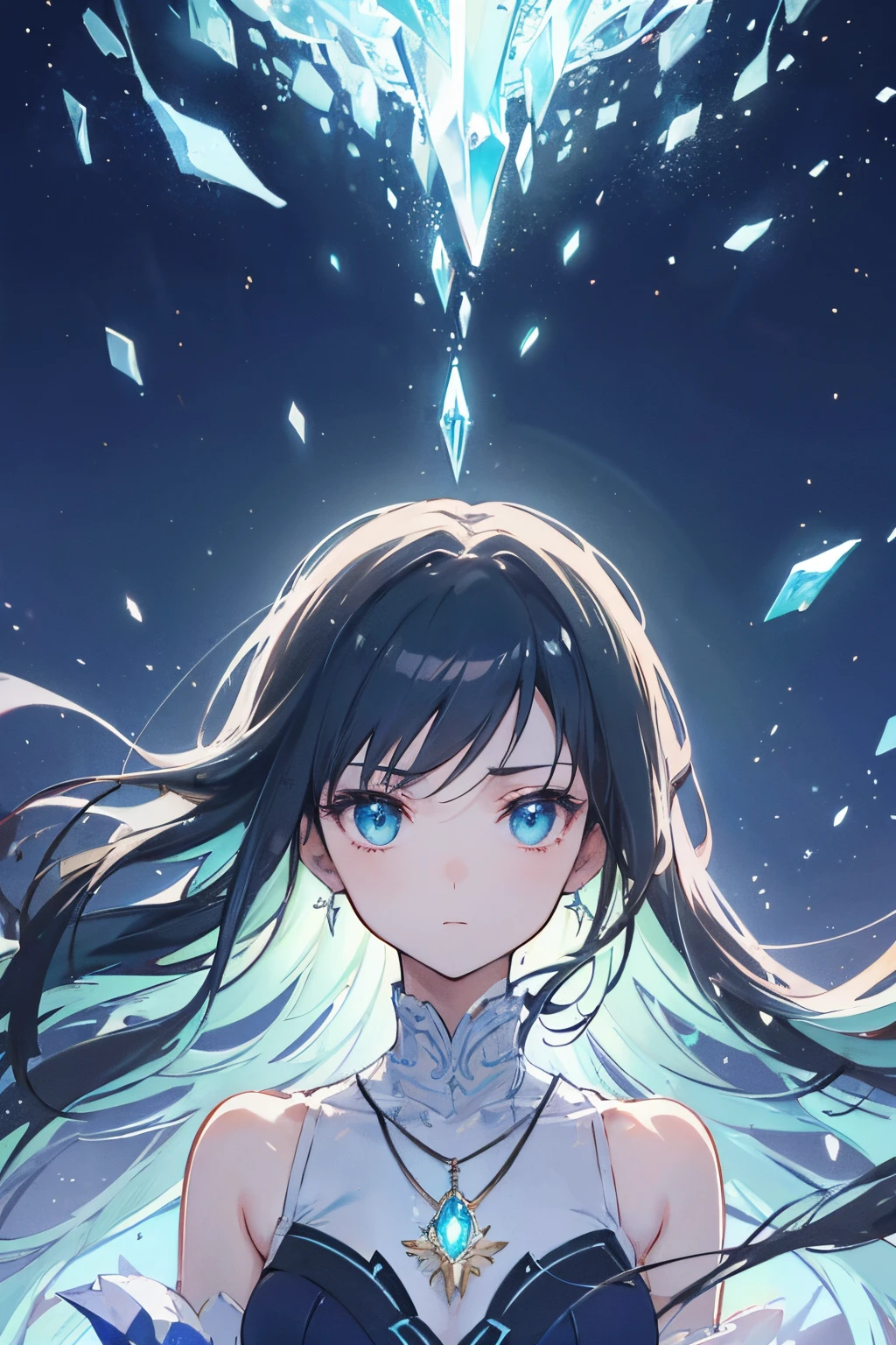 Create exquisite illustrations reminiscent of Makoto Shinkai's style, It has ultra-fine details and top-notch quality. Create a high-quality illustration of a girl holding a crystal pendant, A brilliantly shining pendant. The focus is on the girl's face and upper body, Expressing a delicate and fantastical atmosphere. Make sure your illustrations are of the highest quality, Highlight the fantastical elements and intricate details of the scene, Highlighting the enchanting beauty of the moment.