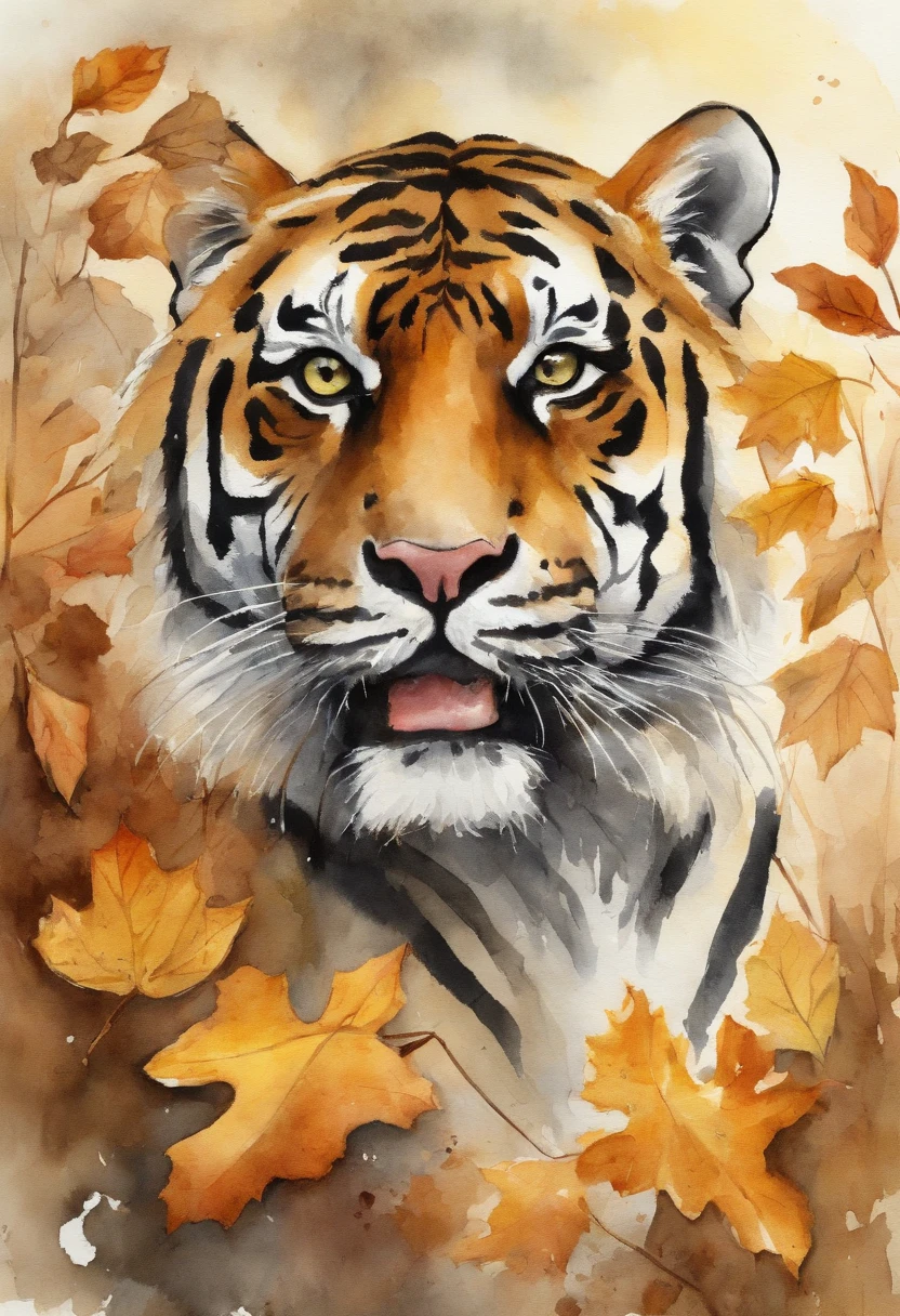A tiger, fallen leaves, autumn, early morning, light yellow tone, ultra-fine, carefully drawn, high quality, 8k, Miyazaki animation style