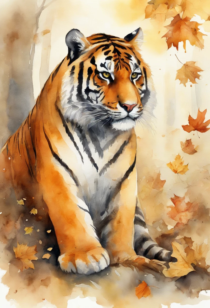 A tiger, fallen leaves, autumn, early morning, light yellow tone, ultra-fine, carefully drawn, high quality, 8k, Miyazaki animation style