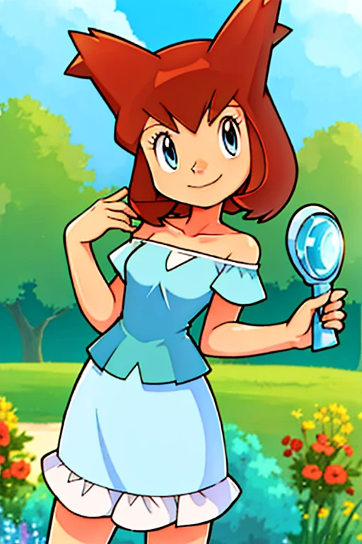 bianca (pokemon heroes), bianca (pokemon heroes), brown hair, blue eyes, smile, Light Blue Dress, Strapless Light Blue Dress, Ruffle Off-the-Shoulder Top, Off-the-Shoulder Dress, Long Skirt, anime, masterpiece, best illustration, 2d, very high resolution, 1 girl, garden,