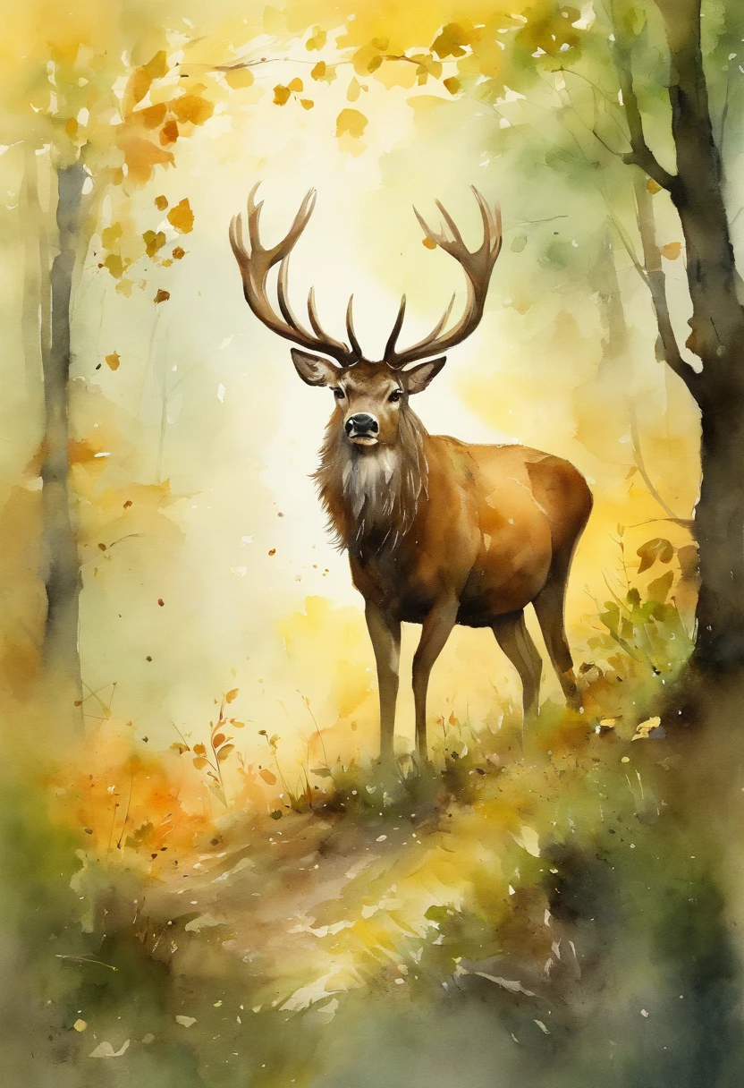A stag, fallen leaves, summer, early morning, yellow-green tone, ultra-fine, carefully drawn, high quality, 8k, Miyazaki animation style
