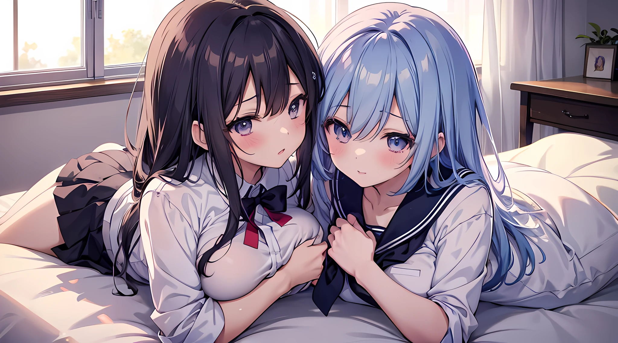 anime image of two girls in school uniforms hugging on a bed, anime girls, touching breast, groping, two beautiful anime girls, seductive anime girl, 4k anime wallpaper, artwork in the style of guweiz, anime wallpaper 4k, anime wallpaper 4 k, ecchi anime style, lesbian art, smooth anime cg art, anime style 4 k, kissing together cutely