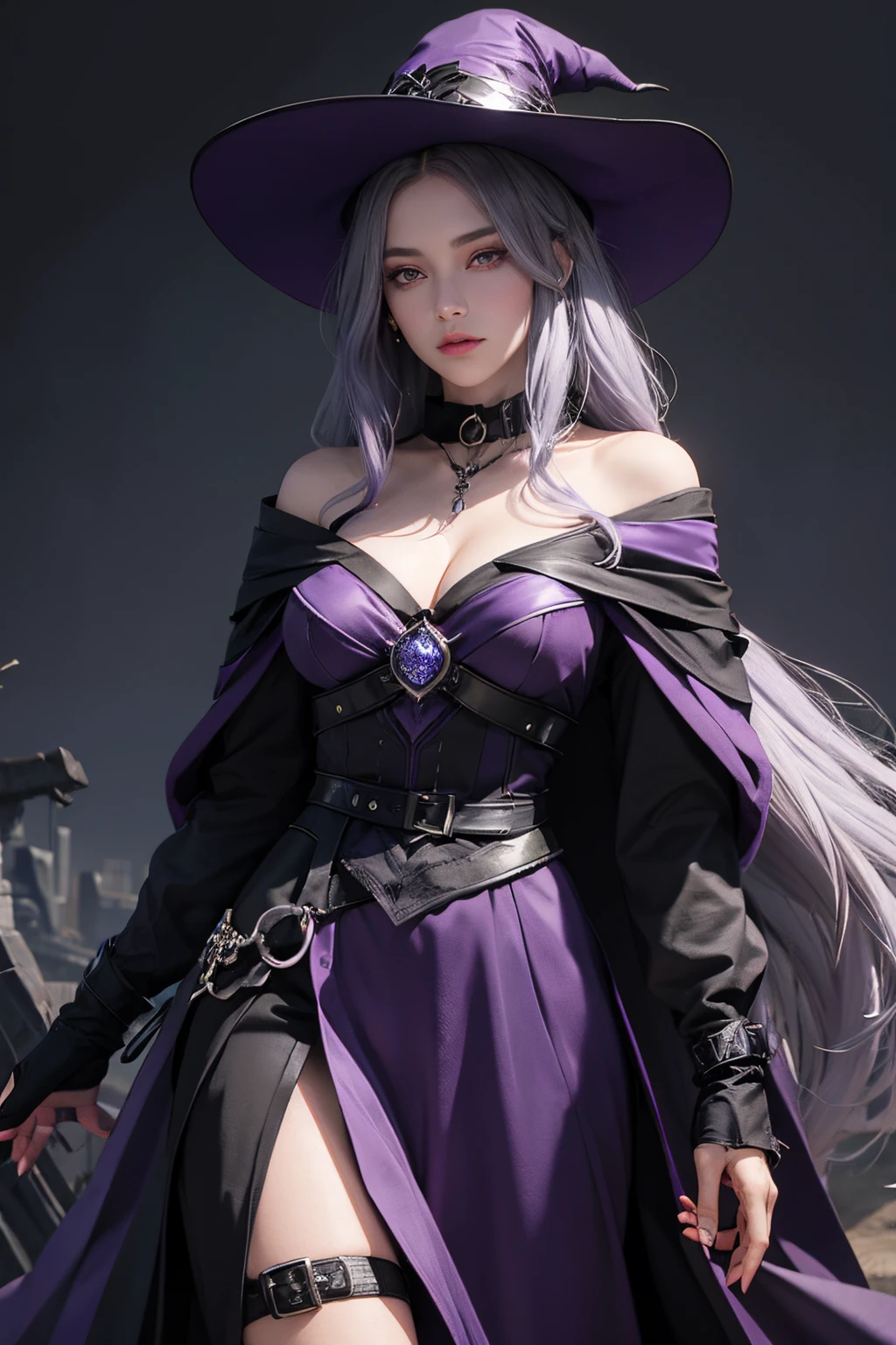 Female sorceress,grey hair,long hair,black and dark violet hat,purple eye,dark violet collar,black shoulder cloak,black and dark violet and purple dress,black and dark violet and purple gloves
