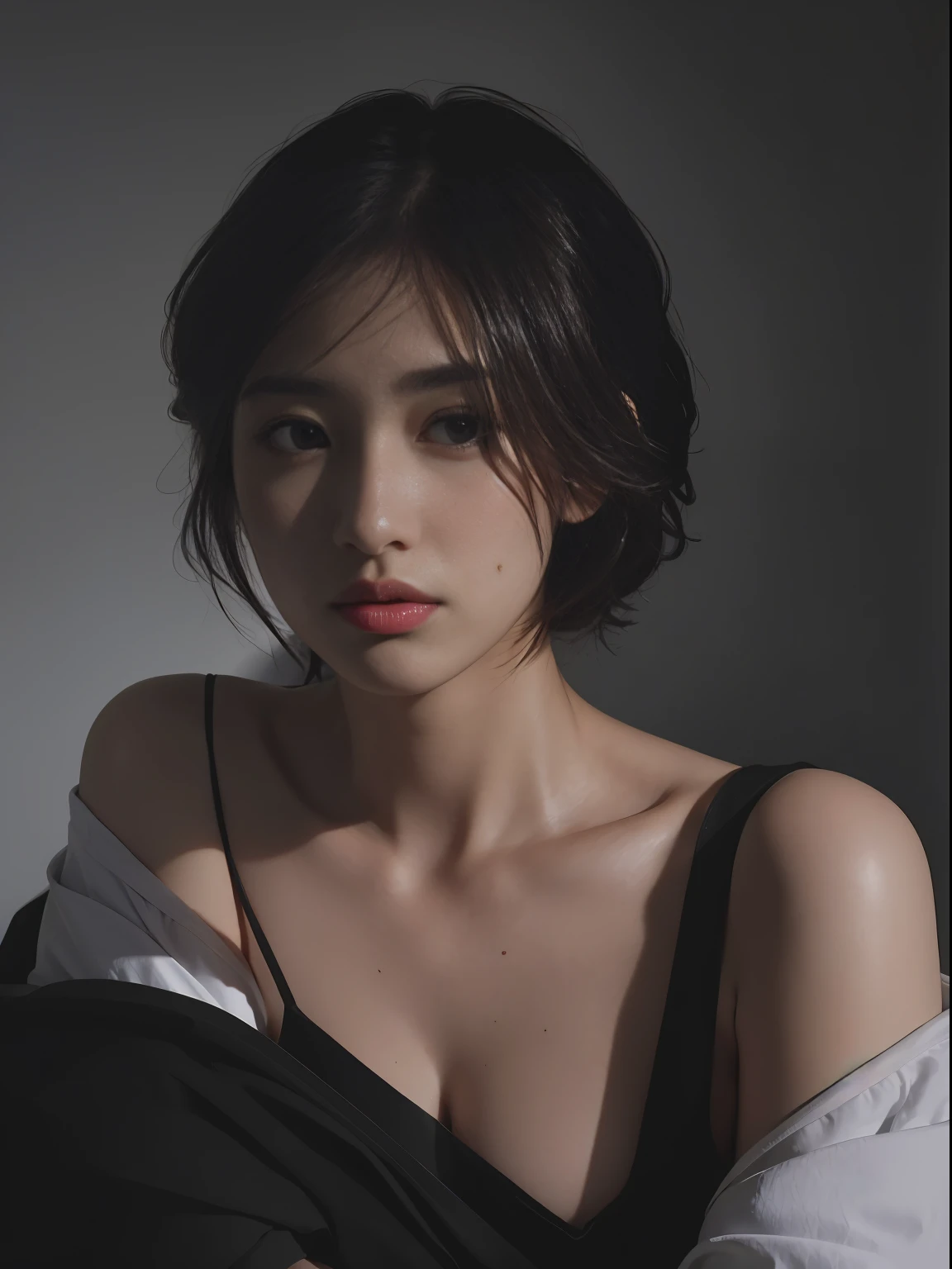 Best quality, masterpiece, ultra high res, (photorealistic:1.5), raw photo, 1girl, offshoulder, in the dark, deep shadow, low key, cold light, sexy look, short hair