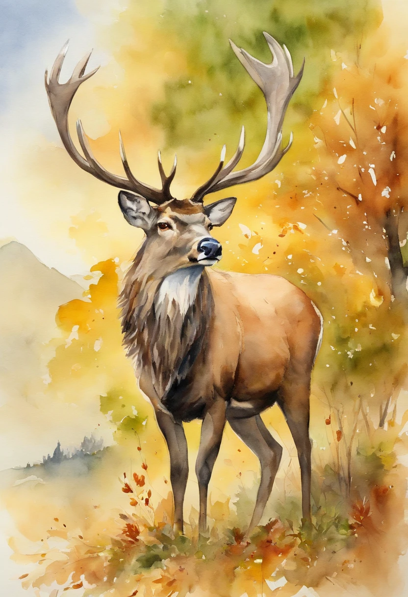 A stag, fallen leaves, summer, early morning, yellow-green tones, mountains, distant view, ultra-detailed, carefully depicted, high quality, 8k, Miyazaki animation style