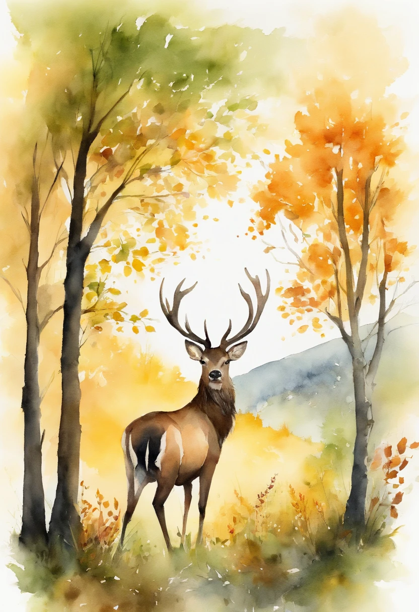 A stag, fallen leaves, summer, early morning, yellow-green tones, mountains, distant view, ultra-detailed, carefully depicted, high quality, 8k, Miyazaki animation style
