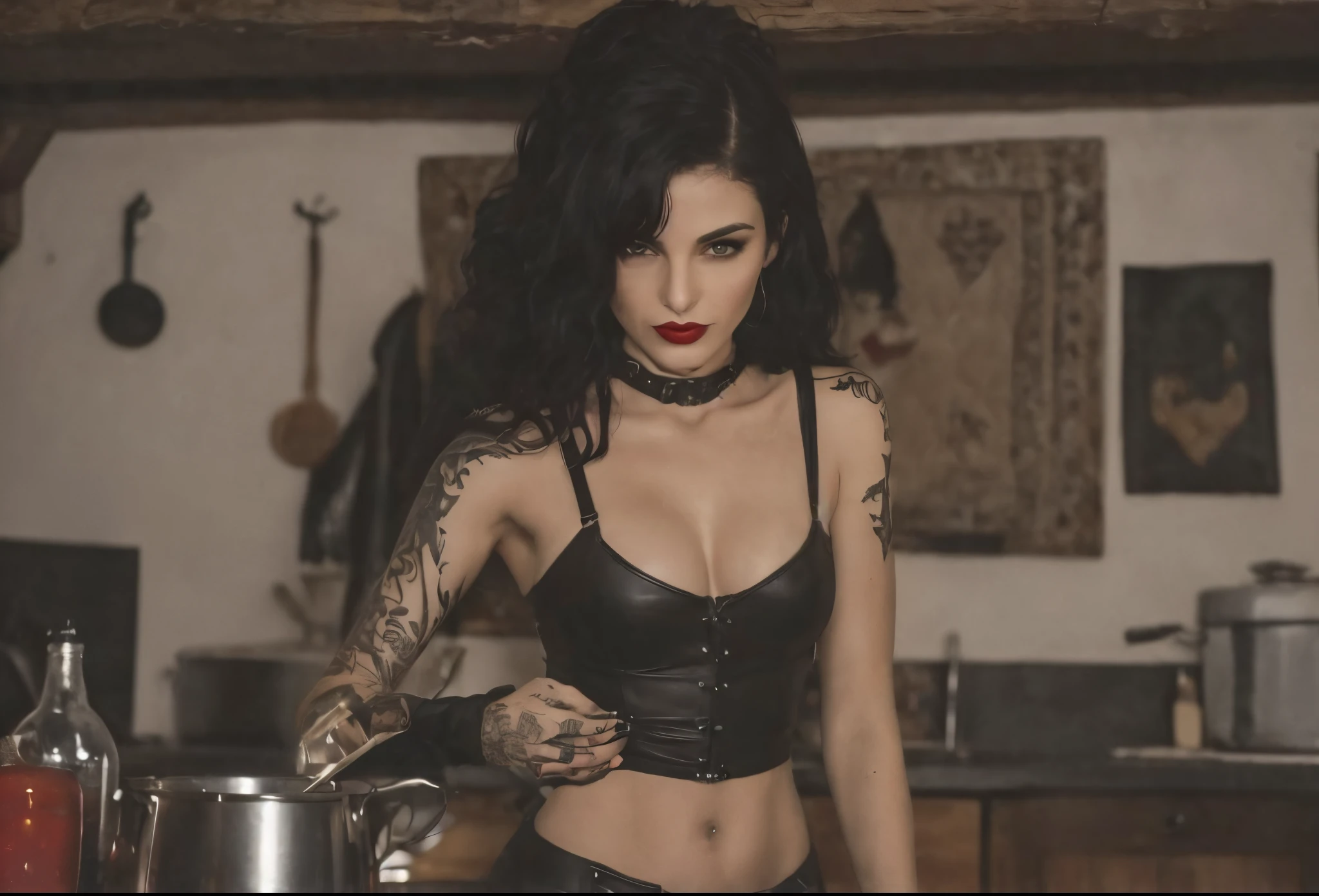 16k, 1500 witch cottage, Black Sabbat beauty, cozy cute black hair wild witch, working girl in the kitchen, red lipstick, red nail polish, biker bitch, biker girl, badass smile, cool tattoos, sexy succubus, dominatrix, demoness of seduction and desire, (dominatrix leather strap outfit:1.2), gorgeous photoshoot jet black raven hair messy cascading long and glorious over shoulders, beautiful pale skin, (demon smile:1.2), Huge boobs, moonlit kitchen, spooky atmosphere, night outside, warm lantern light, cozy