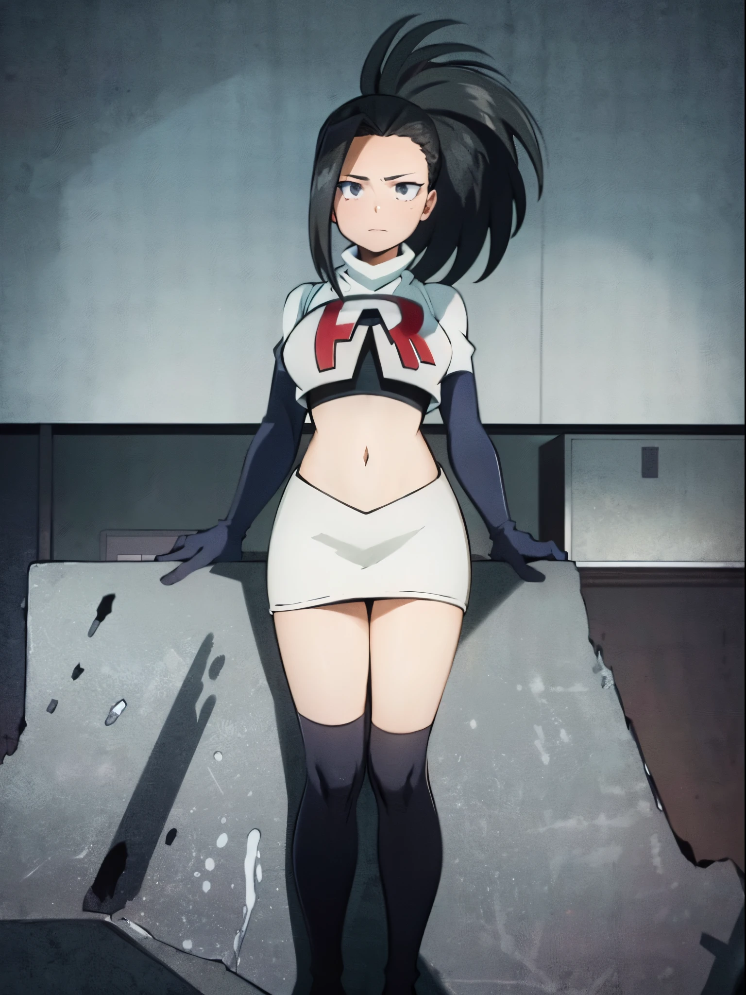 masterpiece, best quality, yaoyorozu momo, 1girl, black eyes, black hair, ponytail, long hair, hair pulled back,team rocket,team rocket uniform, red letter R, white skirt,white crop top,black thigh-highs,black elbow gloves
