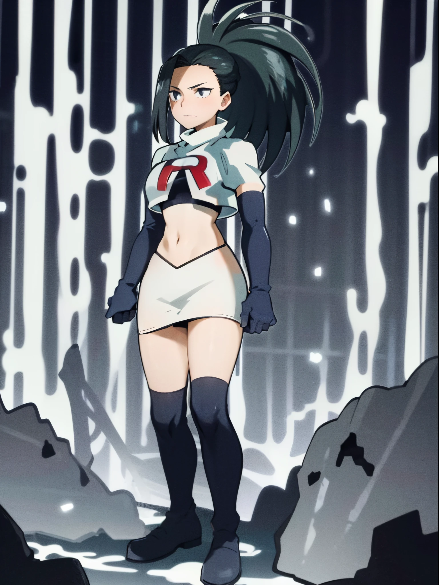 masterpiece, best quality, yaoyorozu momo, 1girl, black eyes, black hair, ponytail, long hair, hair pulled back,team rocket,team rocket uniform, red letter R, white skirt,white crop top,black thigh-highs,black elbow gloves