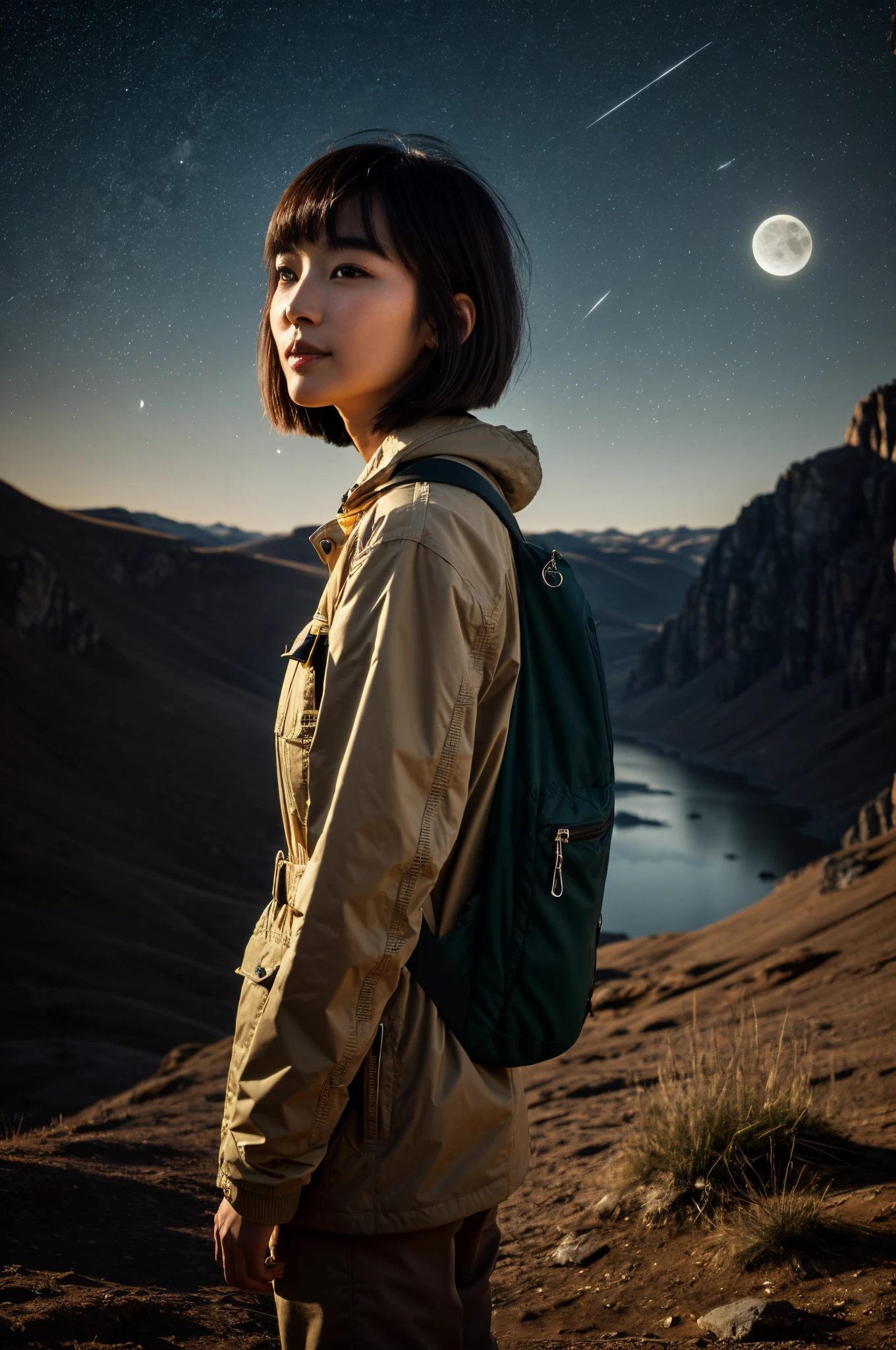 ((Top Quality, 8k, Masterpiece: 1.3)), Chinese Woman (1, 19 years old, smile, very detailed face and skin and hair texture, detailed eyes, double eyelids, white skin, beautiful delicate nose, light hair color, slightly longer bob cut hair, parka wearing, chinos wearing, mountain boots worn), overhead camera, sharp focus: 1.2, while emphasizing the subject's hair, eyes, mouth, action The composition is pleasing to the eye and thought-provoking. ⠀
ground, outdoor, (night), mountain, nature, (stars, moon) cheerful, wind, happy, backpack, tent, bonfire, forest, river, smoke, shadow, contrast, clear sky, style, (warm shades, warm tones), pleasant to the eye, while exuding melancholy emotions, characterized by a contrasting mix of calm tones and light and shadow, with dynamic angles, It is a thought-provoking composition.