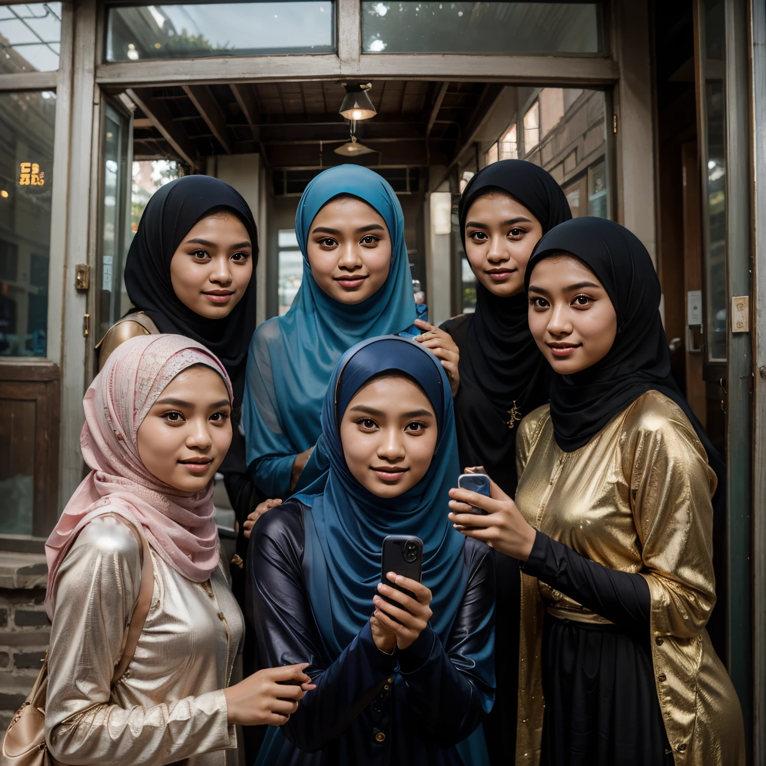 a group of beautiful and young cute malay veiled women gathered and selfie, hijab girl