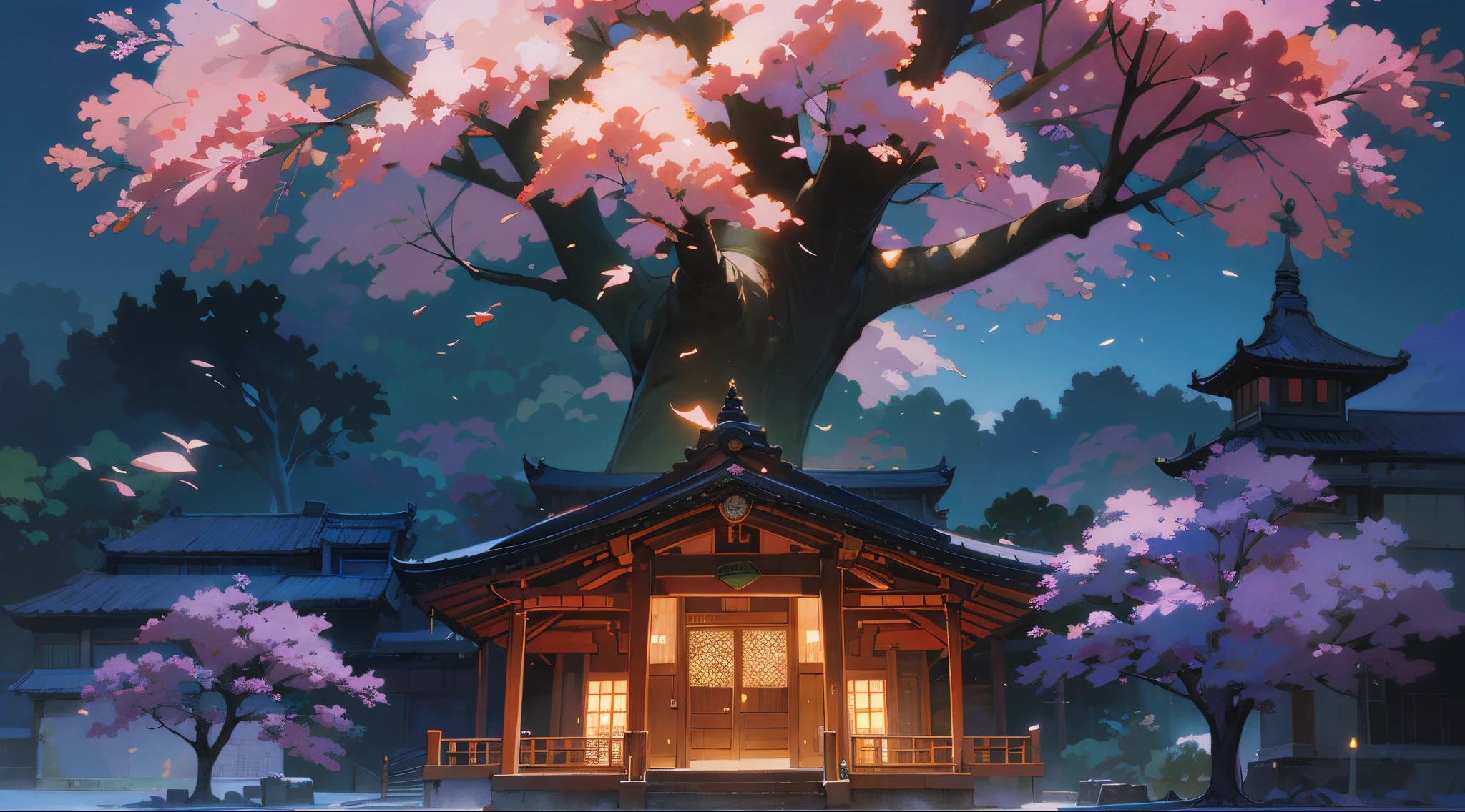 the night,night temple,SakuraNS。anime style images, Anime background art, high detal , Estilo de Makoto Shinkai, Makoto Shinkai's style, Studio Ghibli Sunshine, beautiful anime scenes, beautiful anime scenery, Detailed scenery – width 672, studio glibly makoto shinkai, author:Shinkai sincerely