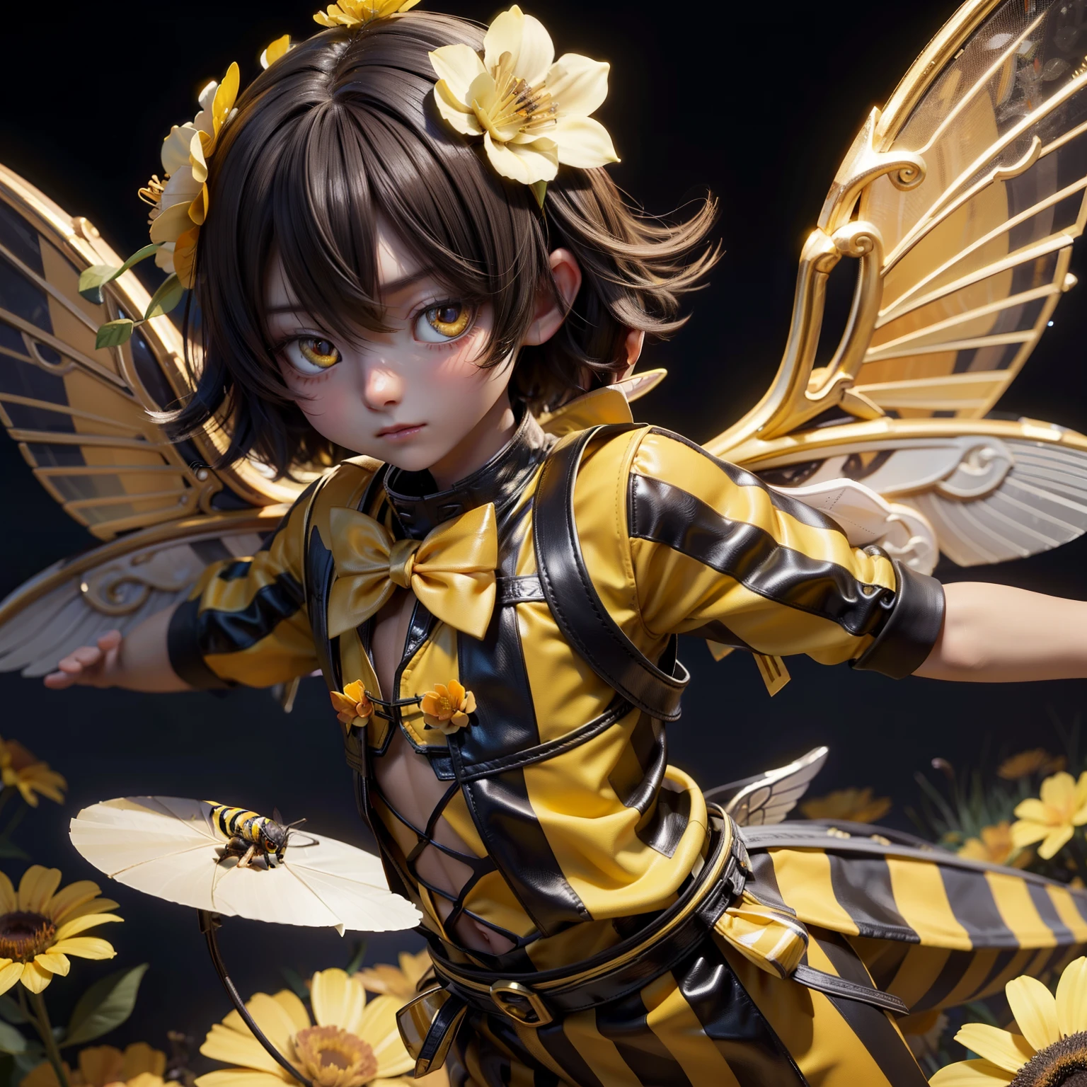 Bee boy with wings on his back with yellow and black stripes、Two tactile sensations grow from the head、Flying over a flower garden with wings spread