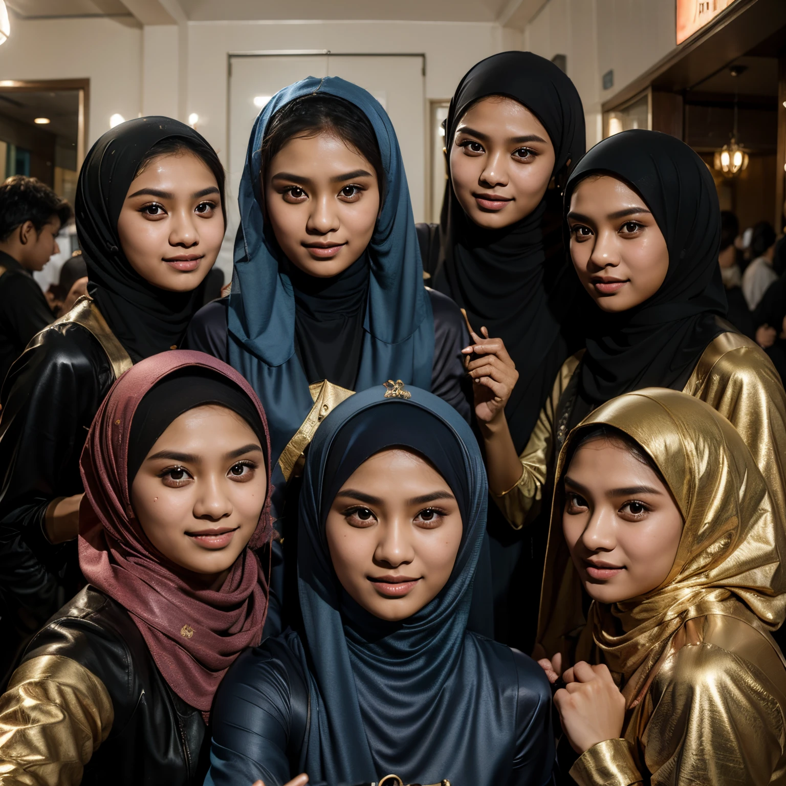 a group of beautiful and young cute malay veiled women gathered and selfie, hijab girl