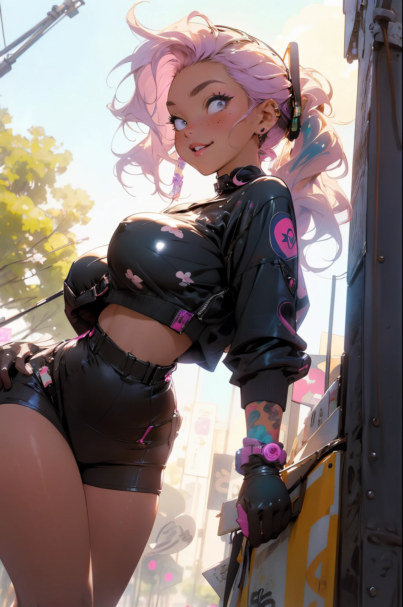 PERFECT MASTERPIECE, EXTREMELY DETAILED CG UNITY 8K UHD QUALITY RESOLUTION WALLPAPER, PHOTOREALISTIC, OFFICIAL ART, RAW PHOTO, AWARD-WINNING PORTRAIT, PROFESSIONAL CINEMATIC LIGHTING, OCTANE RENDERING, UNREAL ENGINE 5.8K, The most beautiful and sexy punk rock girl, very long rainbow colored hair in pigtails, vibrant glowing moonlight eyes, long detailed eyelashes, blushing, full pouting pink lips, curvy body type, full hips, super huge enormously gigantic tits, cleavage showing, gigantic tits bursting out of her shirt, wearing trendy Harajuku-inspired hip-hop clothes, tons of tattoos and piercings, standing spreading her legs open arching her back in a sexy seductive slutty pose, looking at the viewer, close up pov camera view from below, sexy seductive slutty happy cheerful facial expression, cherry blossoms blowing in the wind, splattered graffiti paint drip background