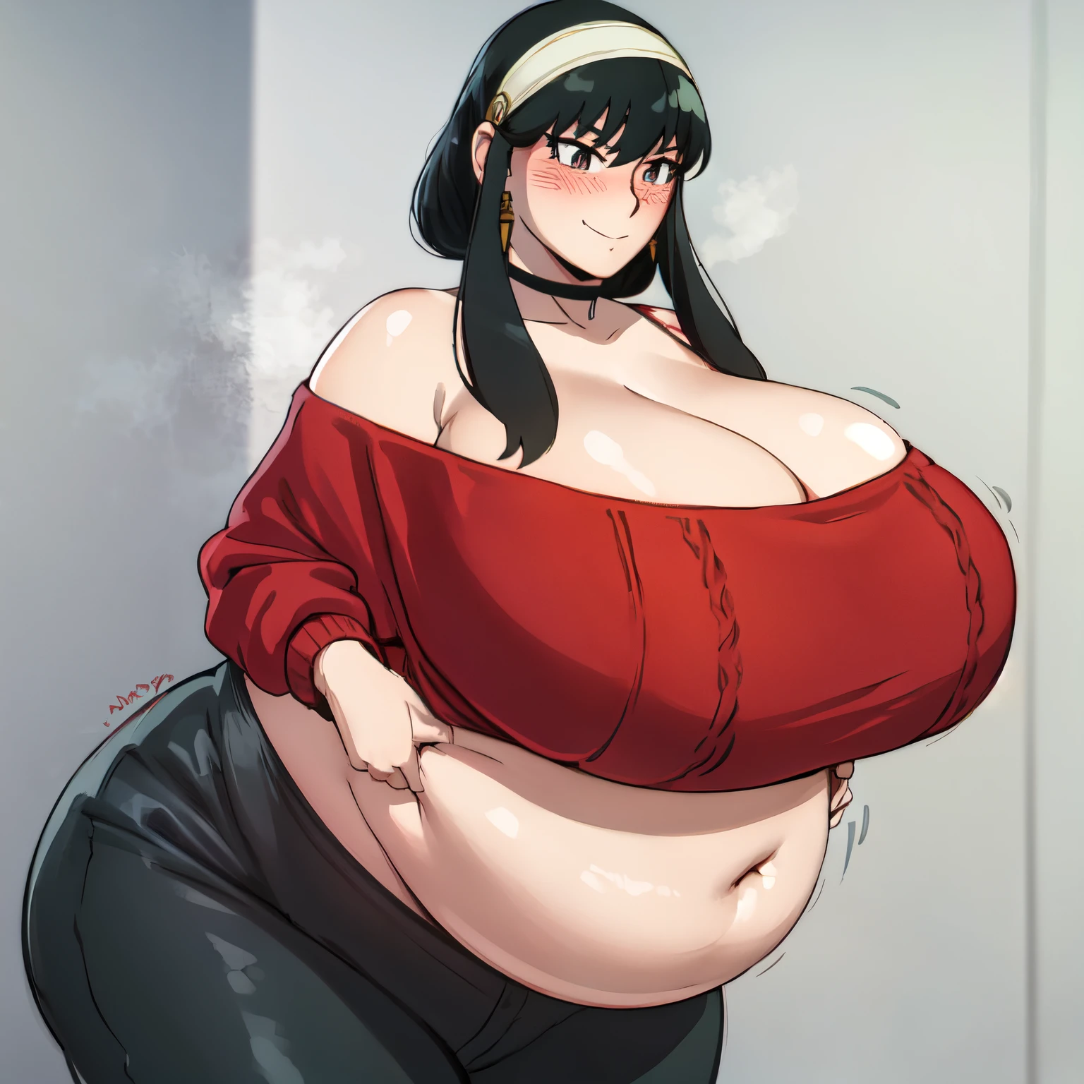 woman sharp features, (1girl),(cowboy shot:1.2), black hair, solo, red eyes, closed mouth, blush, jewelry, white headband, earrings, masterpiece, (gigantic cleavage breasts,Heavy breasts),gigantic belly,chubby, massive belly ,(wide hips:1.2),(red sweater:1.4),( off-shoulder sweater:1.5),(black pants:1.3),detailed eyes, makeup, eyeliner, eyelashes, earrings, seductive smile, closed mouth, masterpiece, best quality, 1girl, realistic, 1girl, blush, makeup, glow, cafe background, collarbone, (masterpiece), 1girl, solo, detailed eyes, tall female body, detailed, bright face, dynamic lighting, full body, Full HD, good detail, perfect hands, mature_woman, lighting on face, detailed eyes, adult woman, mature woman, cowboy shot, cowboy shot, curvy pose, upper body, tall female body, bright face, anime, Red apron, anime, ,