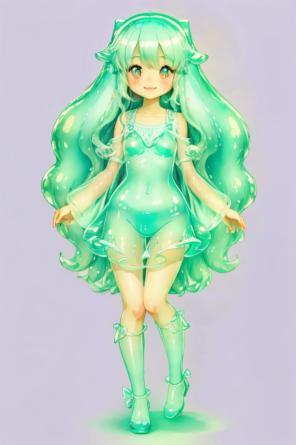 kawaii girl　Solo front full body portrait　light blue slime body　Short stature and flat chest　a smile　Light blue long hair