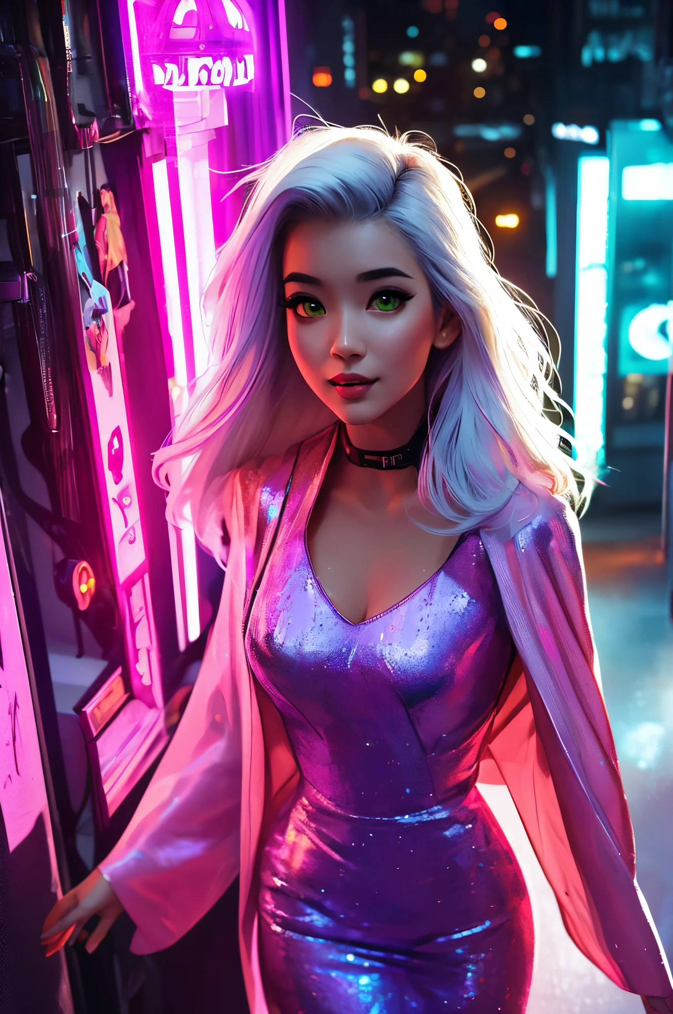 a close up of a woman in a costume with purple hair and purple glowing eyes, glowing green pumpkins, lois van baarle and rossdraws, artgerm and lois van baarle, artgerm and rossdraws, rossdraws cartoon vibrant, beautiful succubus, ross tran style, rossdraws 2. 5, inspired by Ross Tran, halloween art style, extremely detailed artgerm, Pretty, Woman, Sexy face, Yellow eyes, White hair, Slim body, sexy smile, Sexy Pose (breast), long legs walking towards camera, Pink neon dress, mechs, Neon sign, Led Night City, Seen from above, High quality, Realistic, Beautiful light, full detail, Black background