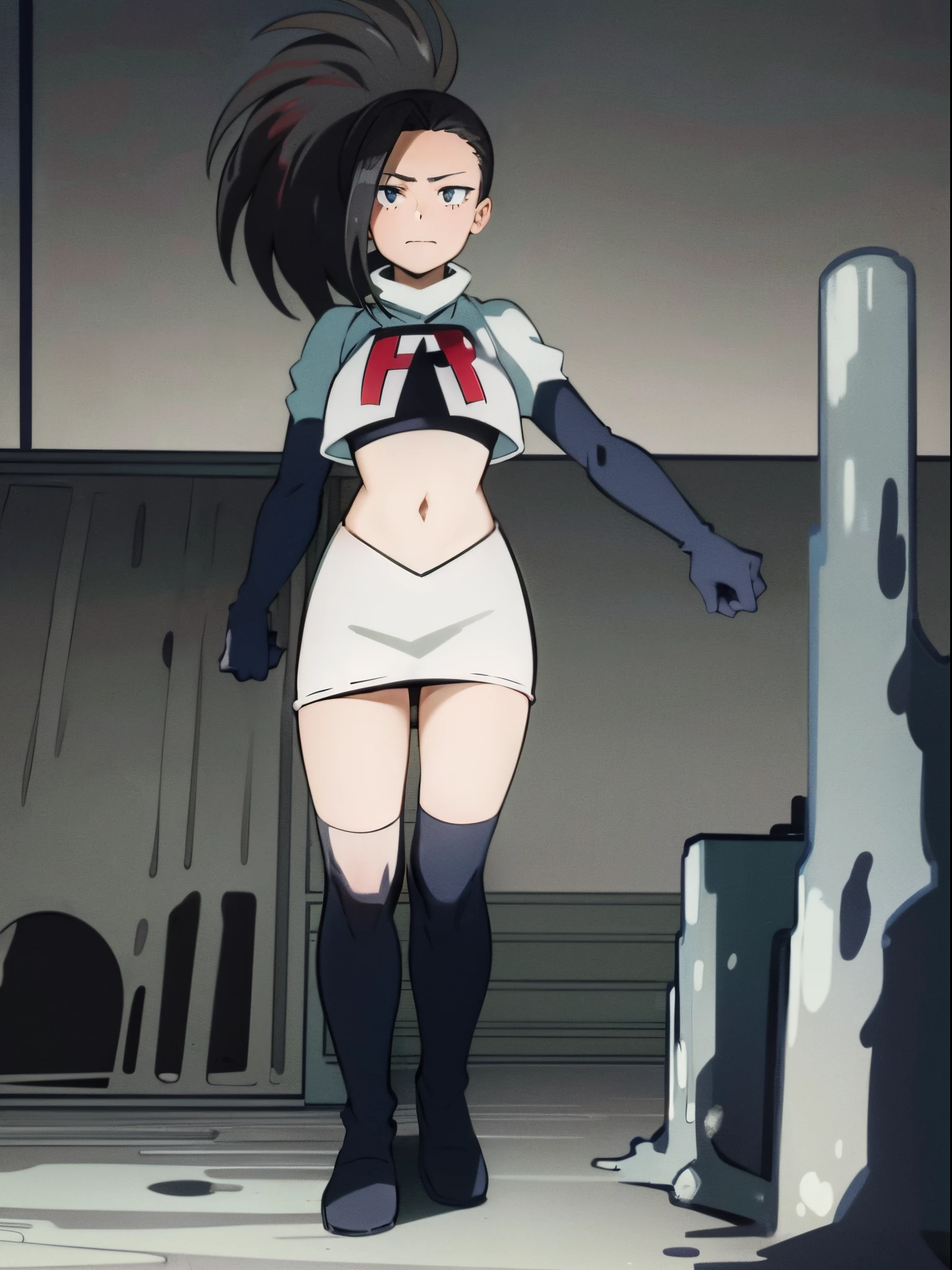 masterpiece, best quality, yaoyorozu momo, 1girl, black eyes, black hair,  ponytail, long hair, hair pulled back,team rocket,team rocket uniform, red letter R, white skirt,white crop top,black thigh-highs,black elbow gloves