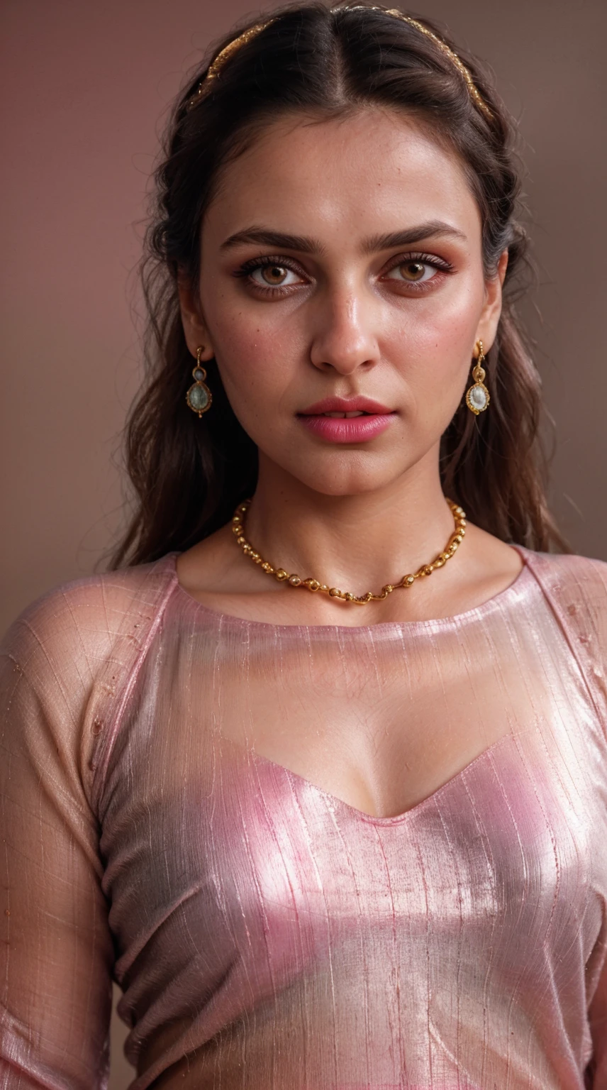 Salwar Kameez golden color, (RAW photo, realism: 1.8), (very dark pink lip gloss, jet dark pink lipstick, realistic eyelashes, dark brown eye shadow, shy, blushing, high quality, high resolution, depth of field, chromatic aberration, caustic, wide light, natural colors, 30 year old woman), necklaces, chokers, earrings, bracelets, wear delicate accessories, soft skin fair pink skin, small breasts size, oily shine skin, slime nose soft skin, wears small golden nose pin,