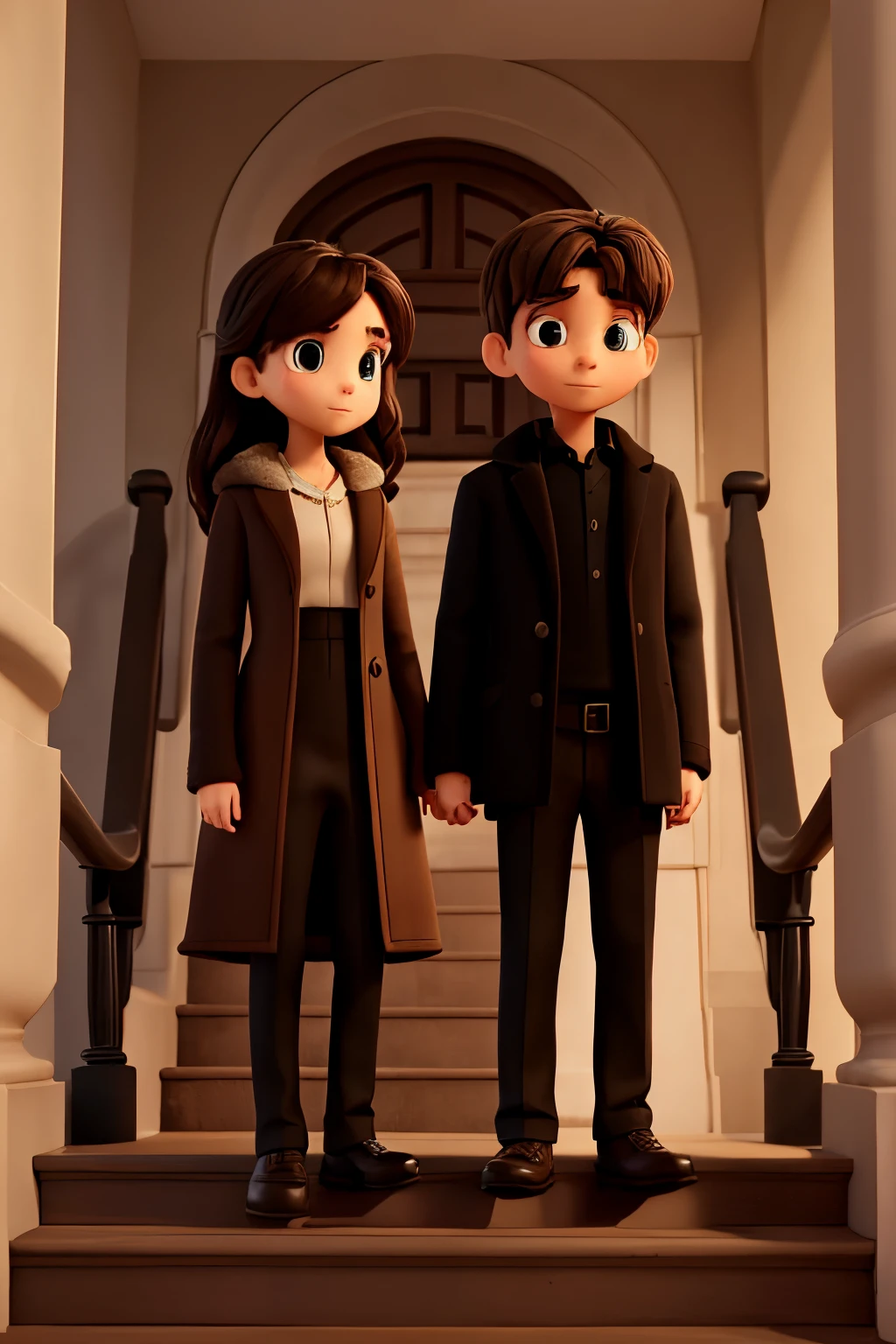 The couple stood on the stairs staring at each other a girl wearing a brown gown and the boy wearing a black coat and black pants