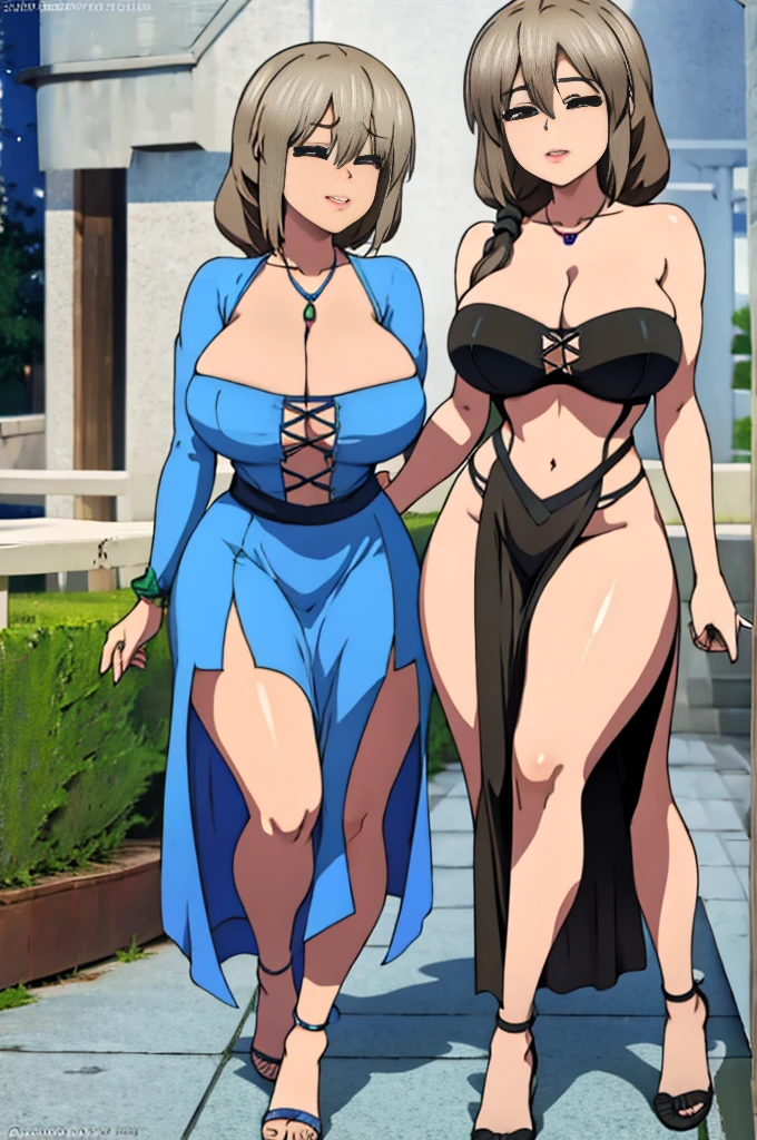 solo, mature bimbo female, thick calves, huge hips, beautiful thicc body, slender waist, conservative translucent blue sundress, seductive atmosphere, glitter, red heeled sandals, tanlines, tanned, tan skin, aged like fine wine, 55 years old, dark eyeshadow, long hair, lipstick, full lips, white hair, closed eyes, TsukiUzakiR4, street, night, high details, high quality, 16k, best quality, mysterious teasing smile, loving look, raw sensuality, see-through fabric, metal bands around Thighs, Bare Shoulders, Wide Hips, lipstick, Thick Thighs, full Lips, hosiery, Covered by steam, Lace bridal gauntlets, toned pelvis, toned hips, milky hips, navel piercing, huge chest, muscles, large thigh muscles, belly piercing, necklace, chains around forearms, Masterpiece, realistic rendering, Best Quality, (Perfect Face:1.1), (High Detail:1.1)