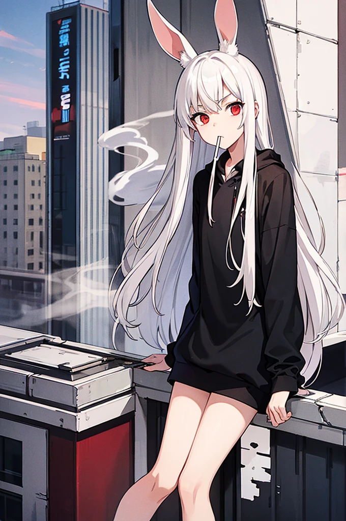 white hair, straight hair, boy 18, on top of the building, cartoon, red eye, rabbit ears, serious, Conceptual art, 1080P, emo style hair, smoking a cigarette.