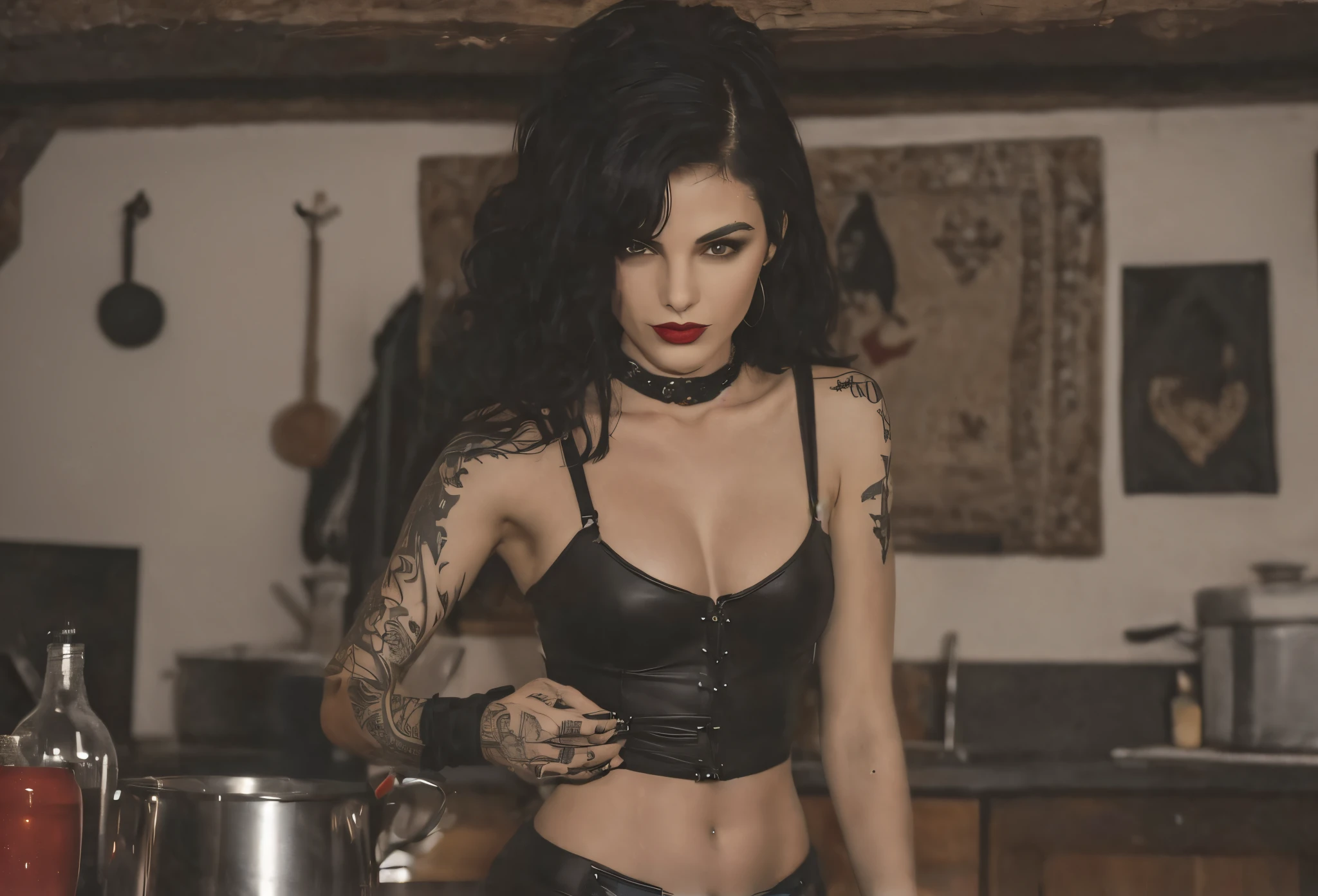 Lilith is a demon queen she is a mature woman, yet she is very seductive and has tattoos on her inner legs and arm. She has some grey streaks in her raven hair. She is from midevil times and drinks wine from a skull, with some wine spilling to the side, her eyes are dark and she has plump lips, her legs are succulent and her brests are perky. She is in a skimpy lingerie. She is thick. She stands looking back with her huge bottom on display.