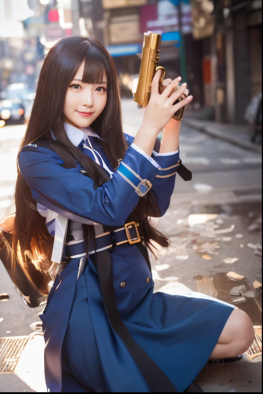(8K、Raw photography、top-quality、masterpiece:1.2)、(realisitic、Photorealsitic:1.37)、ultra-detailliert、超A high resolution、女の子1人、(beautifull detailed face、Golden Ratio Face、well-balanced eyes、二重まぶた,lipgloss)、Beautiful detailed skin、Skin Texture、Professional Lighting、Happy smile、View photographer、((Bob Hair))、Uniformed women, tight skirts、Police Uniform, officer, sit in uniform、 Blue Uniform, bobby、security agent