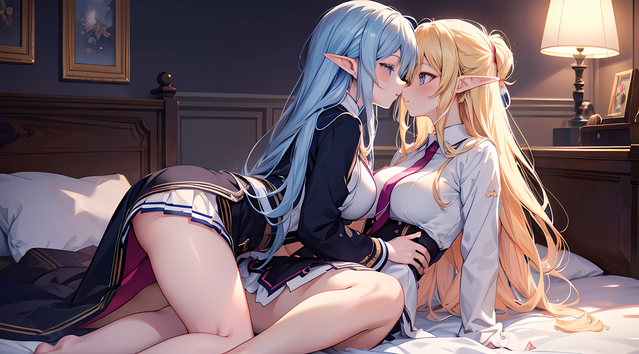 anime image of two elf girls in magic academy uniforms hugging on a bed, anime elf girls, touching breast, groping, two beautiful anime girls, seductive anime girl, 4k anime wallpaper, artwork in the style of guweiz, anime wallpaper 4k, anime wallpaper 4 k, ecchi anime style, lesbian art, smooth anime cg art, anime style 4k, kissing together cutely