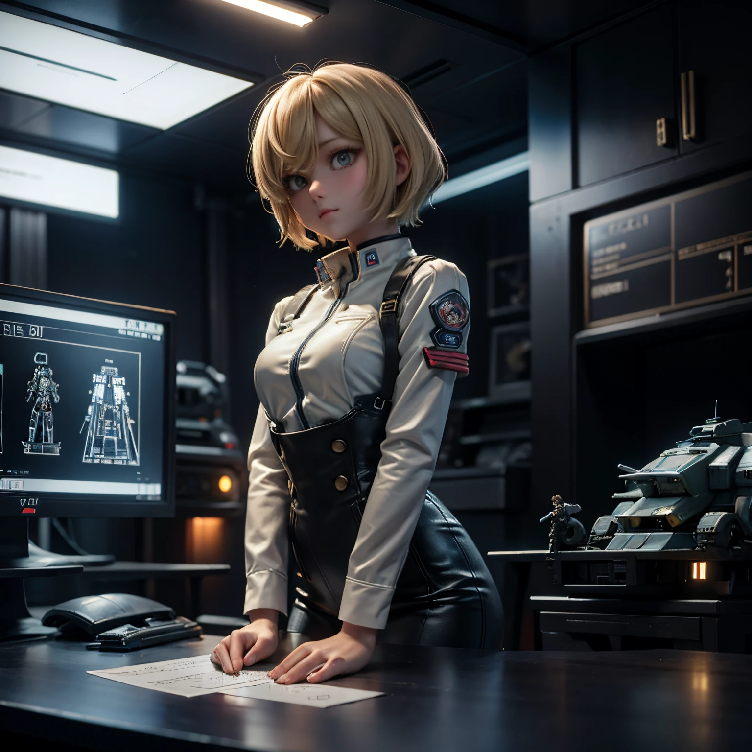 A diorama of a futuristic city is installed on a table、Blonde and short-haired beautiful girl in mechanic's clothes、Gundam blueprints are displayed on the monitor