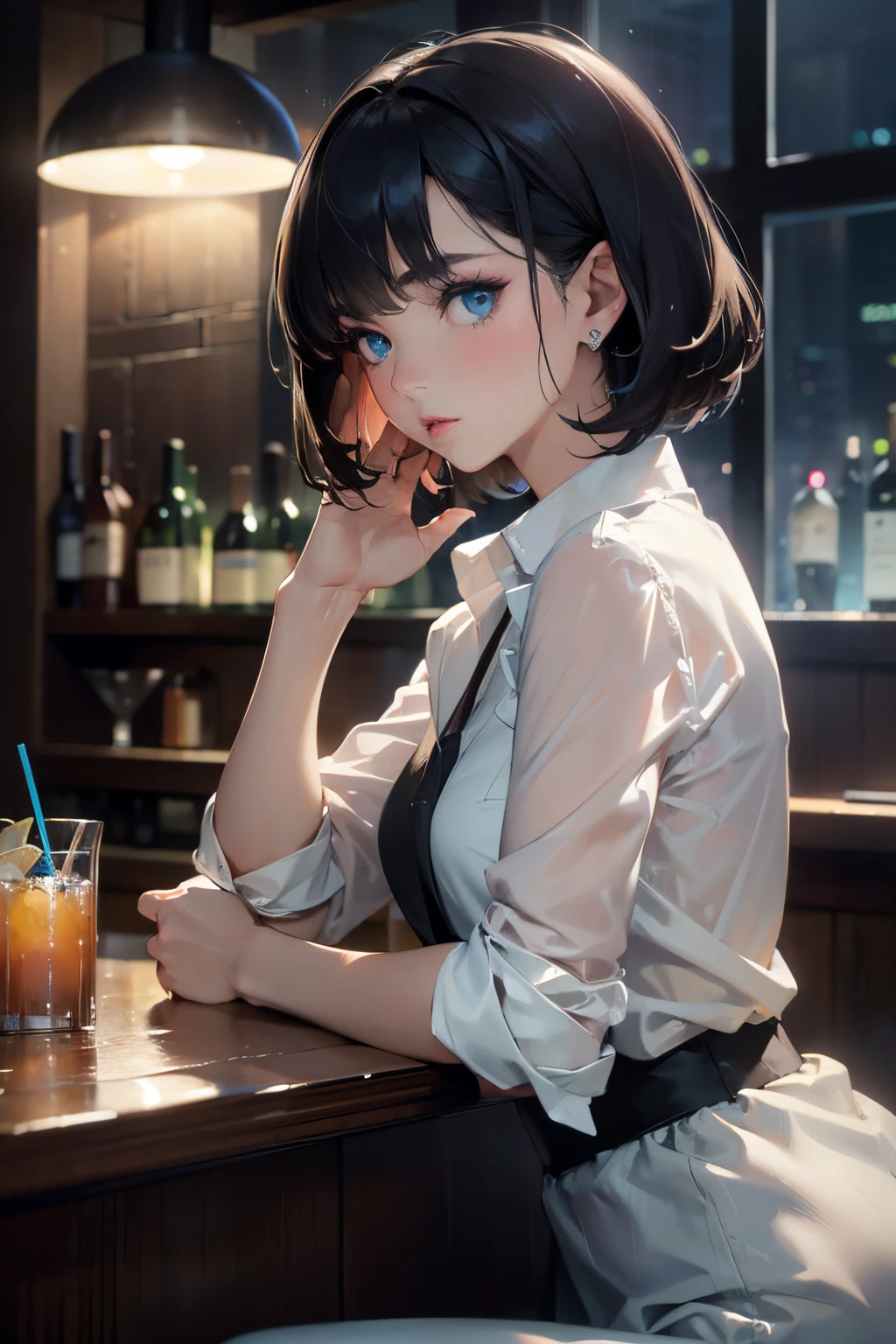 ((​masterpiece,hight resolution,8K picture quality,top-quality)),1girl in,((extra detailed face)),a 20 yo woman,Sateen,Delicate eyes,Aqua blue eyes,Black hair,Dramatic makeup,profile,((The upper part of the body:1.5)),Large earrings,Cool Face,natural perm short hair,voluminous hair,fluffy hair,Natural complexion,Super delicate CG unity,I can see the rainy city from the window,((a bar counter,cocktails)),