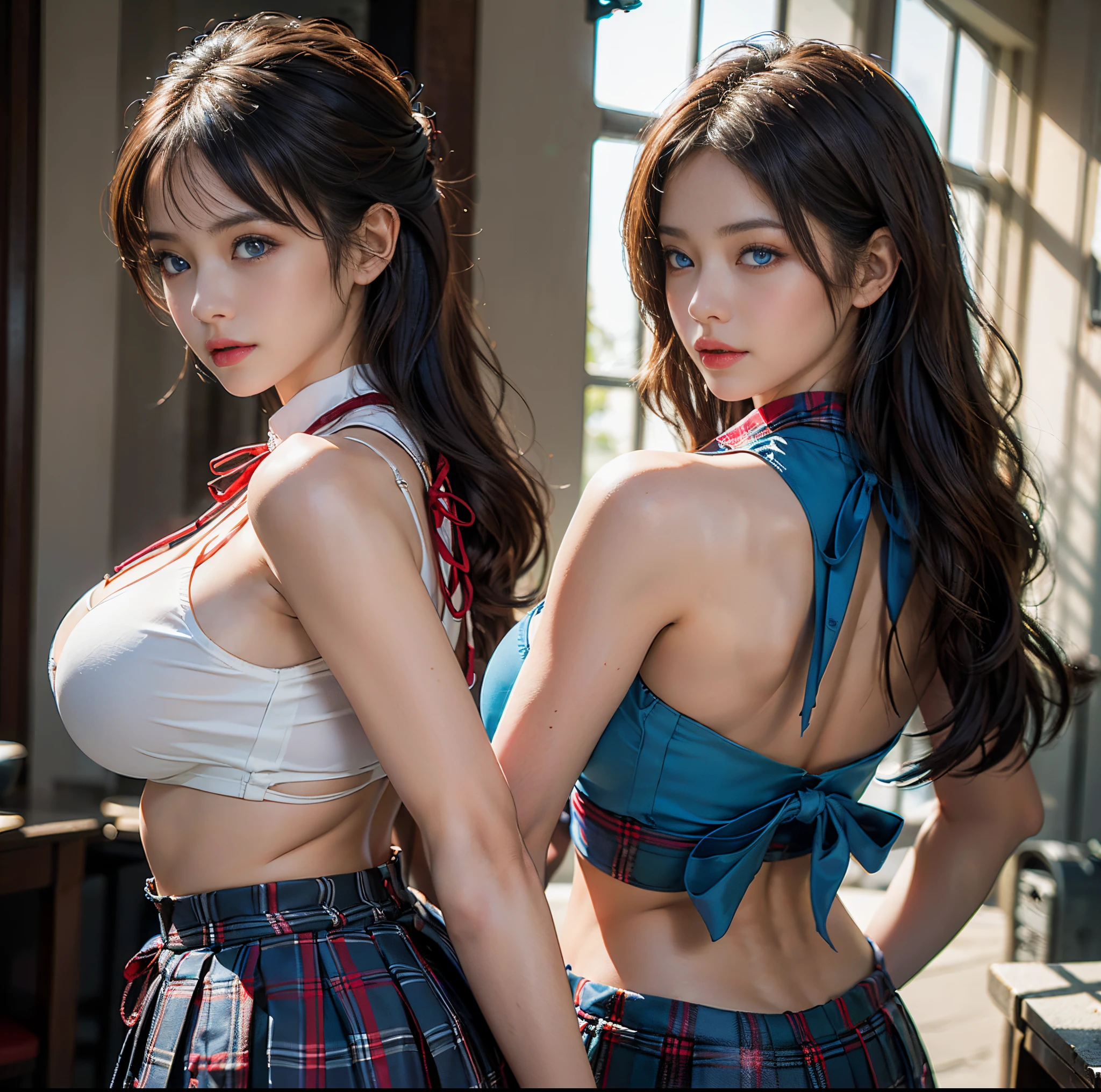 top-quality, 8K picture quality, ​masterpiece, Professional lighting without shadows, Two Women, (with perfect body、Colossal breasts with tension:1.2), Bright whitening skin, (Bright and beautiful blue eyes with plump red tear bags reflect a lot of light.:1.2)、 (They wear tight white blouses with crimson ribbon ties tied at the collar..), (No skin is exposed on the upper body), Micro mini pleated tartan check skirt, (their skirts are incredibly short:1.3), (She is showing off her proud big breasts from the front..), (The girl on the other side is proudly showing off her big ass from behind:1.3),