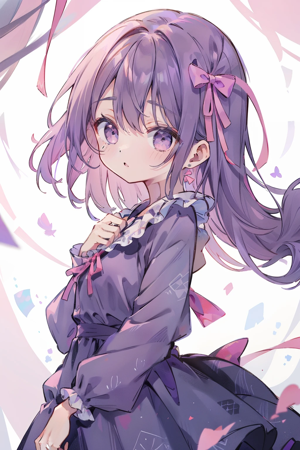 absurderes, hight resolution, (Anime style:1.1), ((masutepiece)), ((Best Quality)), (Ultra-detailed), (Beautiful),Beautiful face、(liftup),Long、azhiichigo style,Big eyes, dense lines, mixing pattern,Cute,1. goth, Pattern Expansion、Light purple hair、Cute Ribbon、purple one piece clothes、a purple eye、Background Simple、background grey、(((((1girl in、purple mine suit、Cute dress、dress with a big pink ribbon、dress with pink ribbon)))))(The upper part of the body、(((((One girl )))))、((((Lori、youngest son))))、Gosic、{{{{{gotik、The upper part of the body}}}}}{{{{{{{{{{The upper part of the body}}}}}}}}}}{{{magia}}}, ({{{{{Background Simple、fluffy hair}}}}})medium format film camera, Naturally blurred background,