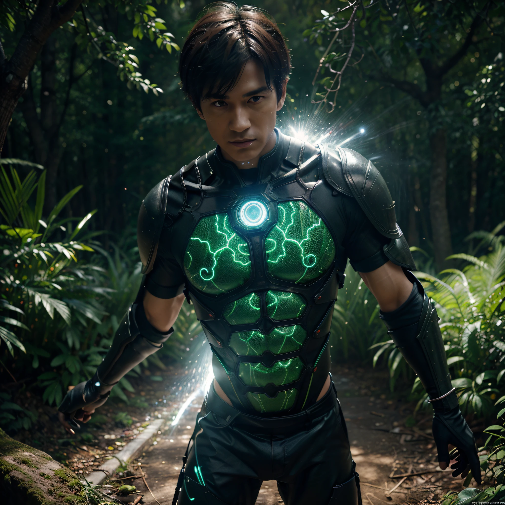 Ikikun has a body made of material that can direct and control natural forces. Its body is shiny green and is covered with tree roots that can change shape according to need. He had eyes that glowed with magnetic green light. Ikikun has the ability to communicate with plants and control natural elements. He can heal and strengthen plants around him, using them to protect his friends or create tactical strategies in battle. Apart from that, Ikikun has healing powers that can overcome wounds and illnesses. ((Creation))), ((Best Quality))), ((Ultra Detailed)), (Ultra Real), (Highly Detailed CG Illustrations), Light Cinematic, Realistic, Intricate Details, Full Views, Cinematic Quality, Full Body, (male), (masculine), Man with full body armor, 3d neon art male body, colorful aura, nature god, ethereal astral, Universe God Portrait, digital fantasy art, realistic, muscular