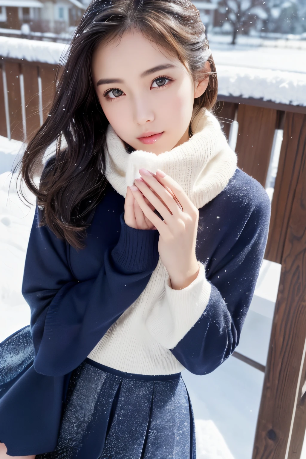 (Top resolution, Distinct_Image 1.2) 、(Beautiful girl with golden ratio face)、(very vivid eyes、earth eye 1.2)、excellent, masutepiece, high detailing, lipgloss、Very beautiful girl、 Solo, Beautiful girl like a model、(muffler、Long-sleeved sailor suit、pleatedskirt)、(snow country、snowy background、snow blowing)