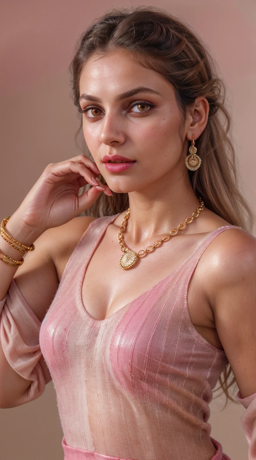 Salwar Kameez golden pink color, (RAW photo, realism: 1.8), (very dark pink lip gloss, jet dark pink lipstick, many eyelashes, dark brown eye shadow, shy, blushing, blond hair, high quality, high resolution, depth of field, chromatic aberration, caustic, wide light, natural colors, 30 year old woman), necklaces, chokers, earrings, bracelets, wear many accessories, soft skin fair pink skin, small breasts size, oily shine skin, slime nose soft skin, wears nose pin,
