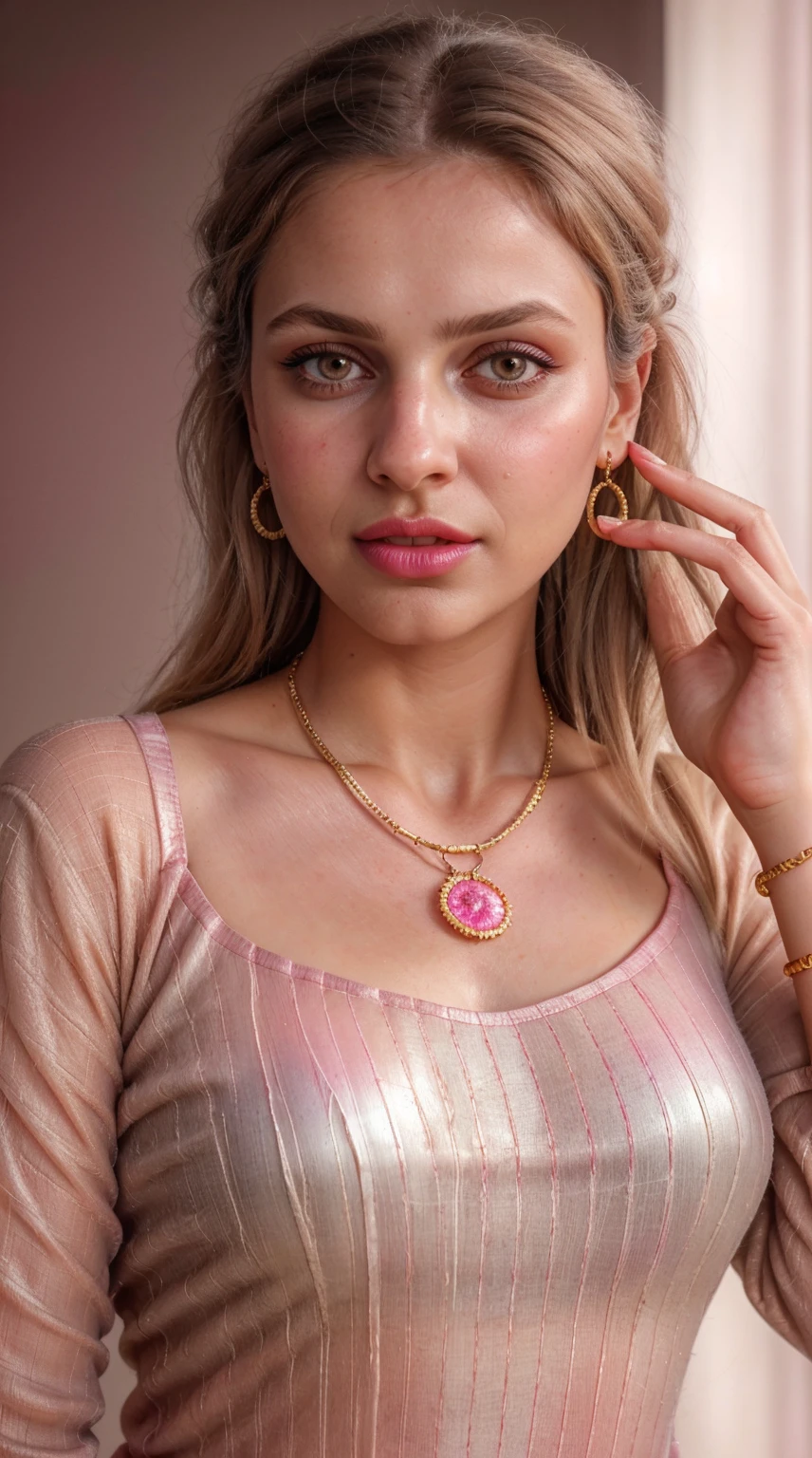 Salwar Kameez golden pink color, (RAW photo, realism: 1.8), (very dark pink lip gloss, jet dark pink lipstick, many eyelashes, dark brown eye shadow, shy, blushing, blond hair, high quality, high resolution, depth of field, chromatic aberration, caustic, wide light, natural colors, 30 year old woman), necklaces, chokers, earrings, bracelets, wear many accessories, soft skin fair pink skin, small breasts size, oily shine skin, slime nose soft skin, wears nose pin,