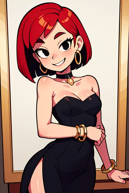 FrankieFoster, FostersStyle, 1 girl, age, short red hair, medium hair, bob hair, black eyes, smile, little black dress, strapless dress, skin-tight dress, choker, gold hoop earrings, gold bracelet, fancy hotel, portrait.