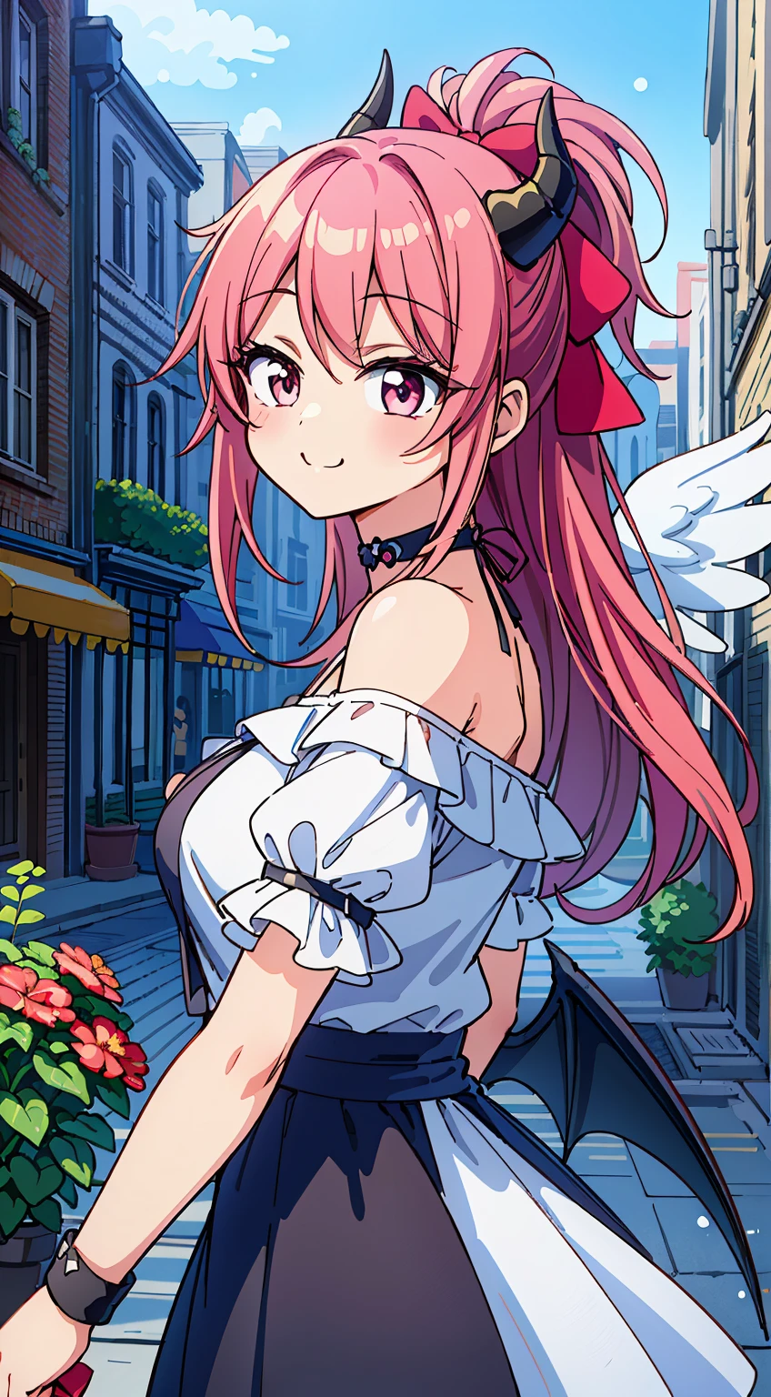 (Absurd realistic structure details),(High resolution complex and detailed text quality),(High-resolution microstructure、High Poly 3D Rendering Correction),Methods of geometry,Careful explanatory anatomy,
BREAK,
1 beautiful girl, (Beauty:1.5),(Chibi:0.5),(kawaii:2.0),(Cool:2.0),(( girl),(Solo:1.65),BREAK, (huge-breasted:1.2,), Clear skin, Beautiful skin, Shy, 1 beautiful woman,Demons,Colossal tits(Hair Bow, Red hair, Long hair, flipped hair, hair messy,Wings of an angel on the back, Demon King's horn on the head:1.2), (Red Eyes, long eyelashes, Double eyelids: 1.2), Shiny skin,de pele branca,dial,(best quality face),(Top quality glowing eyes),(The best smile,Doya face:1.45), BREAK (Pink Theme:1.4), (Vivid colors:1.3), (off shoulder shirt, White shirt, Puffy Short Sleeves:1.3), Belt bag,(Skirt, with floral pattern:1.2),tie,(lace-up boots:1.1),
BREAK,(early evening),Walking,a closed mouth,(architecture, building, Choker, city, Cityscape, Outdoors, potted plant,Street, Town:1.55), Waterfall,depth of fields,
BREAK,wakame,wakame,wakame,(Dynamic Angle:1.4),
BREAK,(Blurry background:1.3),(absurderes, hight resolution, Super Detail Art),cel shading,Clear Color, Lonely optical effect, Beautiful pictures, Bright glow, mystic atmosphere,(Close-up of girl:1.1), Mystical light particle effect,manga influence, clean line drawings,