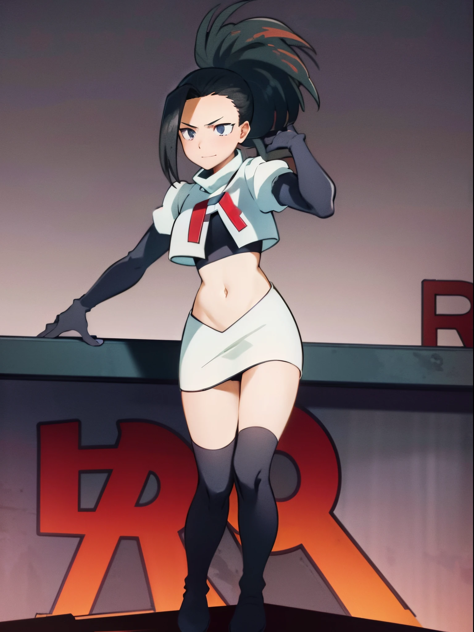 masterpiece, best quality, yaoyorozu momo, 1girl, black eyes, black hair, ponytail, long hair, hair pulled back,team rocket,team rocket uniform, red letter R, white skirt,white crop top,black thigh-highs,black elbow gloves