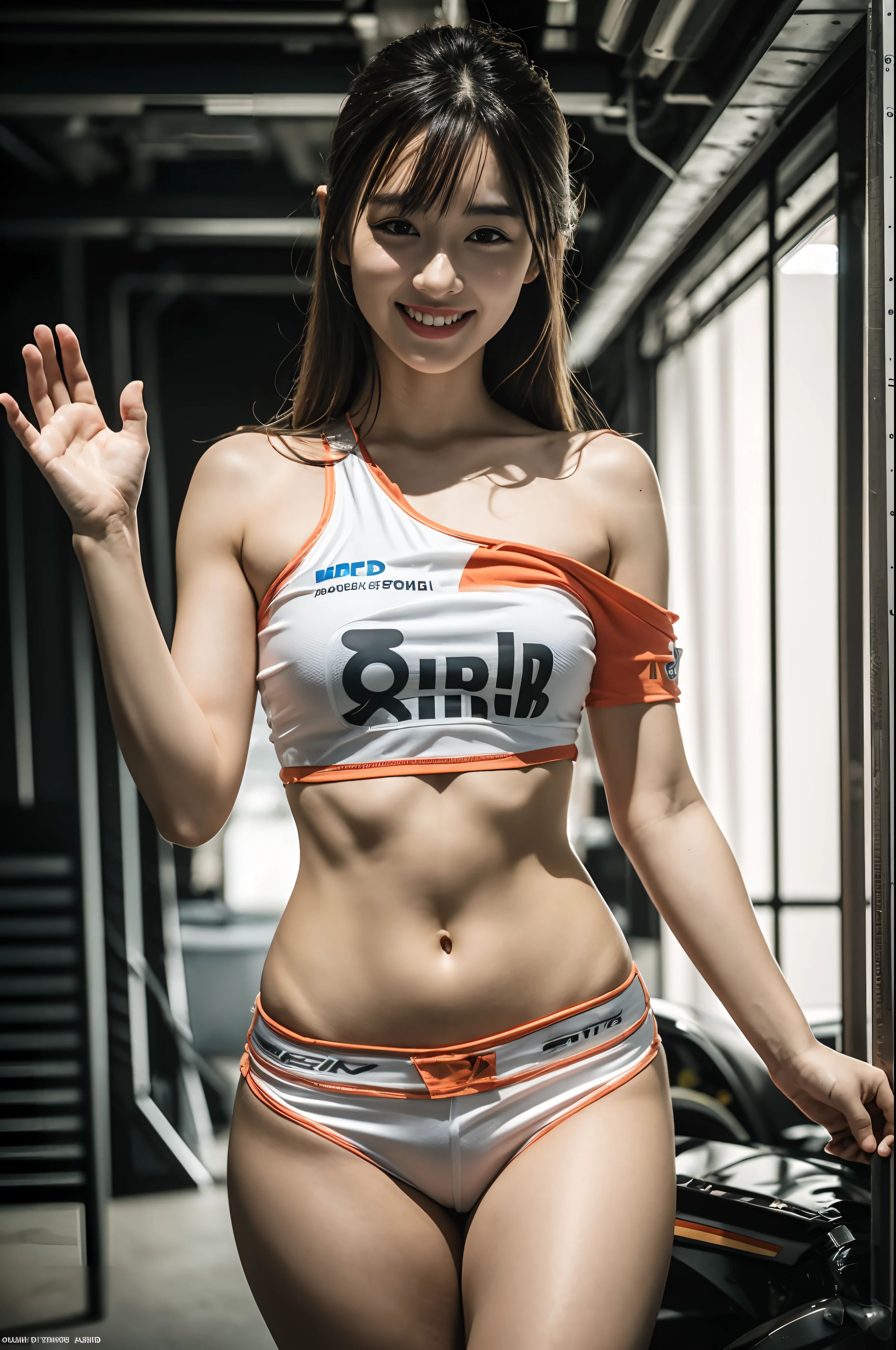 (((one shoulder gridgirl costume))),(((waving))),(((midriff peek))),(((show underboob ))),(((bare inner thigh))),(((show Formula One car))),ulzzang-6500-v1.1, (Raw photo:1.2), (Photo realistic:1.4), a beautiful detailed girl, extremely detailed eye and face, beautiful detailed eyes, ultra-detailed, High resolution, top-quality, masterpiece, highly detailed, 8k wallpaper, Wonderful, finely detail, top-quality, Light on the face,电影灯光,1girl in,(auto race track),Beautiful eyes,smile,Opening Mouth
