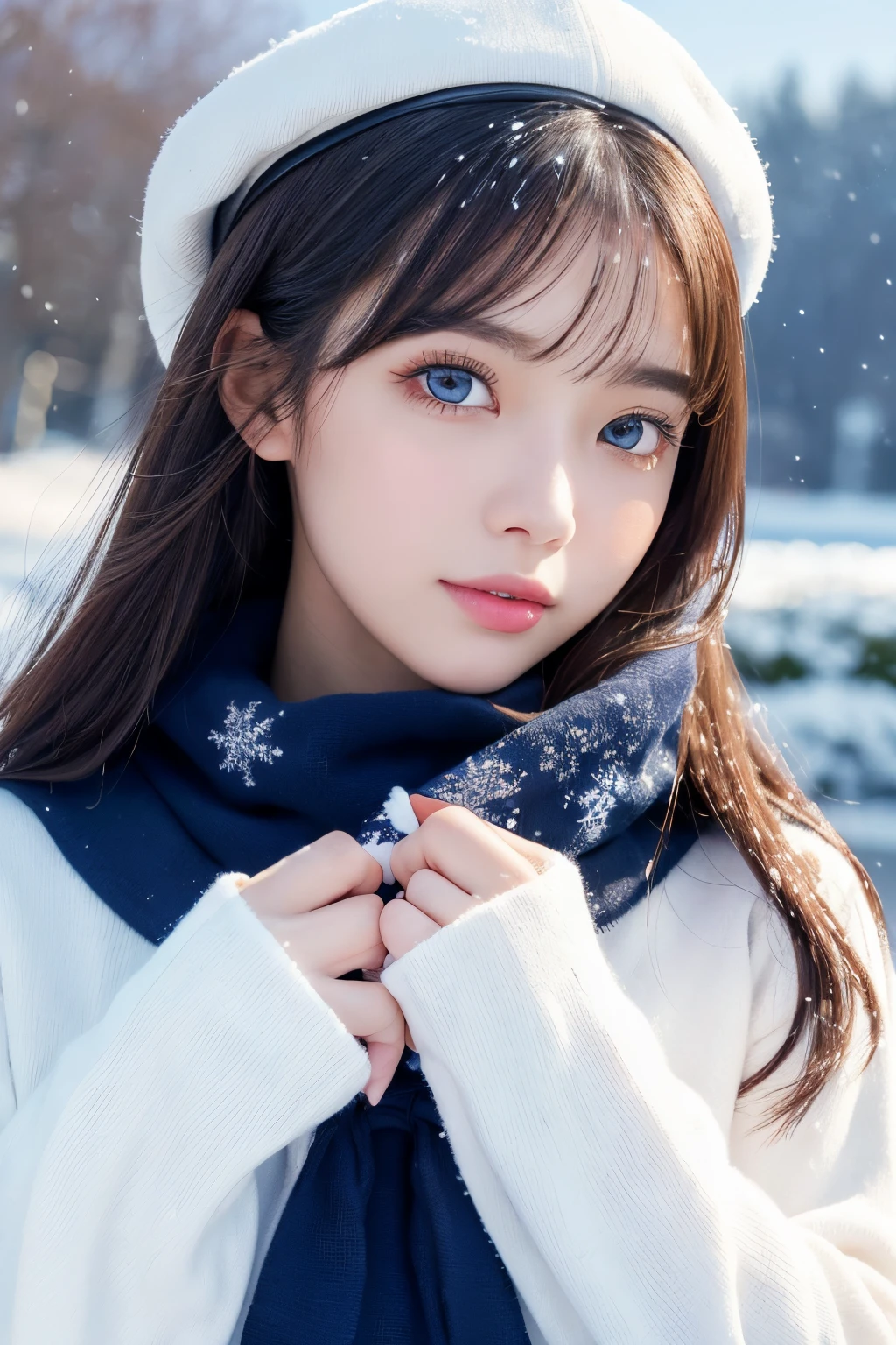 (Top resolution, Distinct_Image 1.2) 、(Beautiful girl with golden ratio face)、(very vivid eyes、earth eye 1.2)、excellent, masutepiece, high detailing, lipgloss、Very beautiful girl、 Solo, Beautiful girl like a model、(muffler、Long-sleeved sailor suit)、(snow country、snowy background)