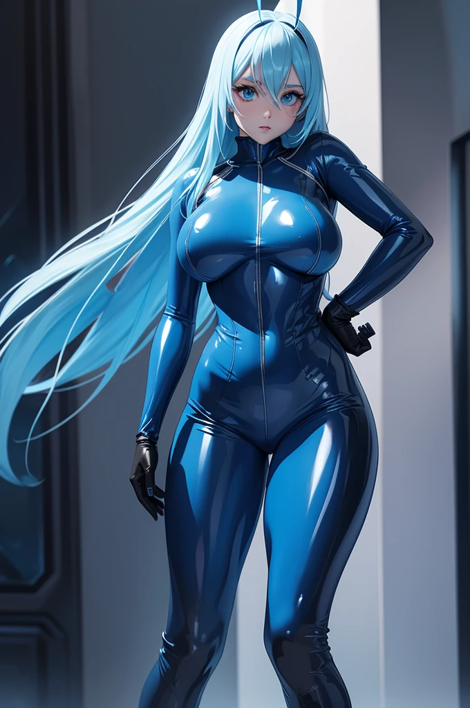 Blue Skin woman, Blue skin, alien antenna, long Light blue Hair, Blue eyes, Latex suit, blue rubber suit, blue latex sleeves, blue latex trousers, blue leggings, Blue boots, big breast.