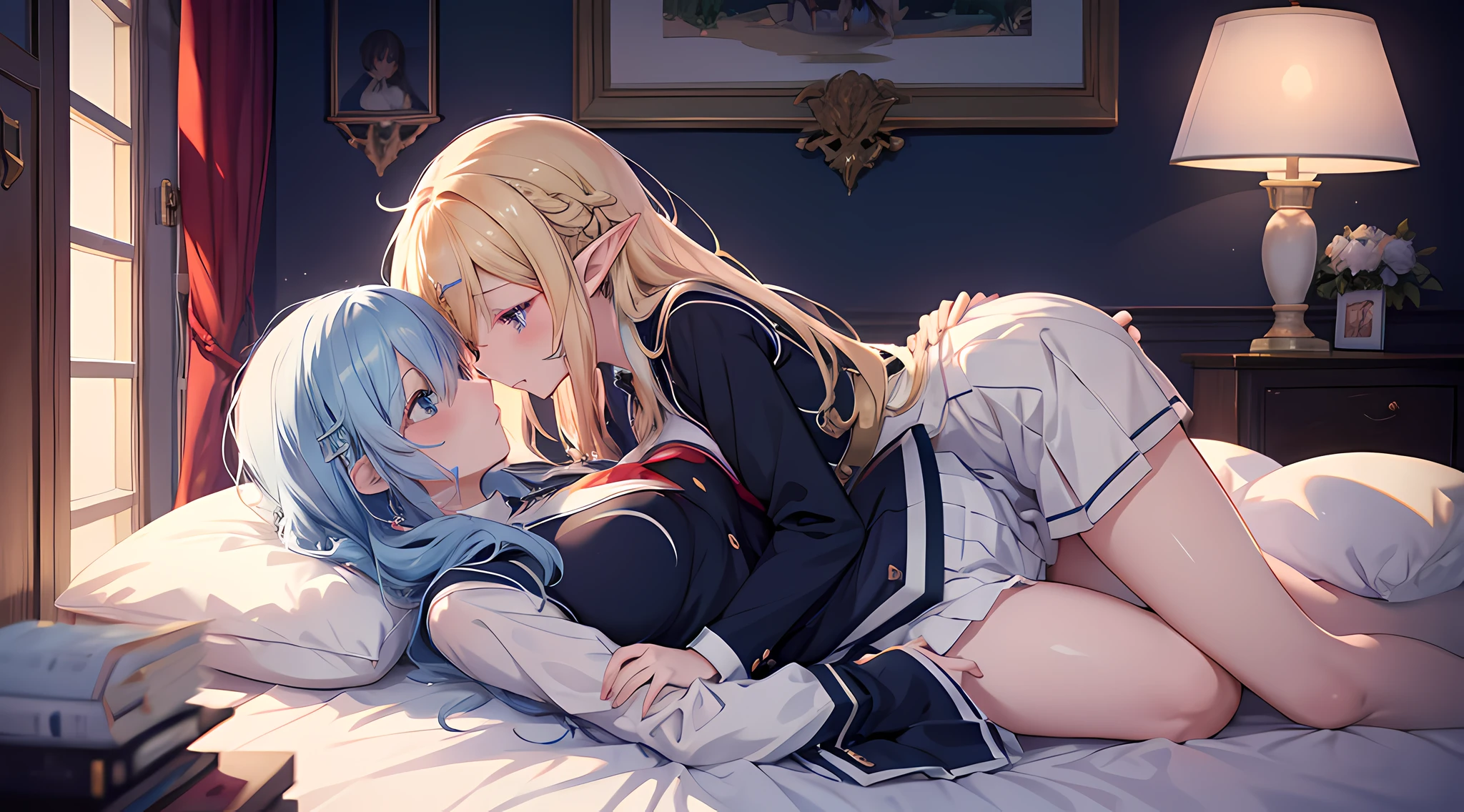 anime image of two elf girls in magic academy uniforms hugging on a bed, anime elf girls, touching breast, groping, two beautiful anime girls, seductive anime girl, 4k anime wallpaper, artwork in the style of guweiz, anime wallpaper 4k, anime wallpaper 4 k, ecchi anime style, lesbian art, smooth anime cg art, anime style 4k, kissing together cutely
